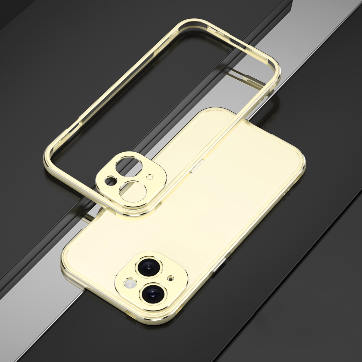 For iPhone 15 Plus Aurora Series Lens Protector + Metal Frame Phone Case(Gold Silver) - Shopkiz.com