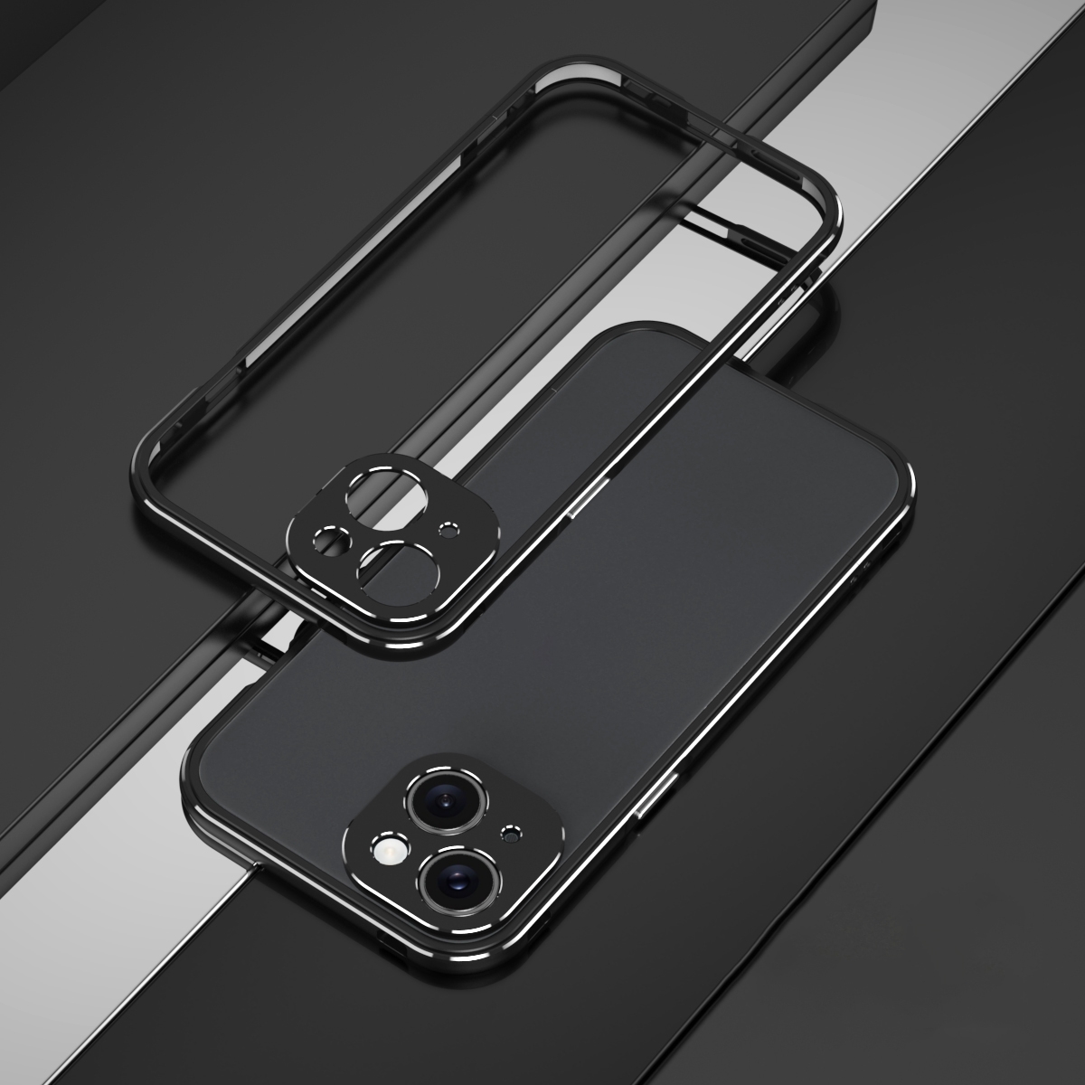 For iPhone 15 Aurora Series Lens Protector + Metal Frame Phone Case(Black Silver) - Shopkiz.com