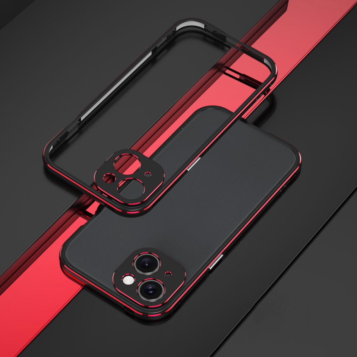 For iPhone 15 Aurora Series Lens Protector + Metal Frame Phone Case(Black Red) - Shopkiz.com