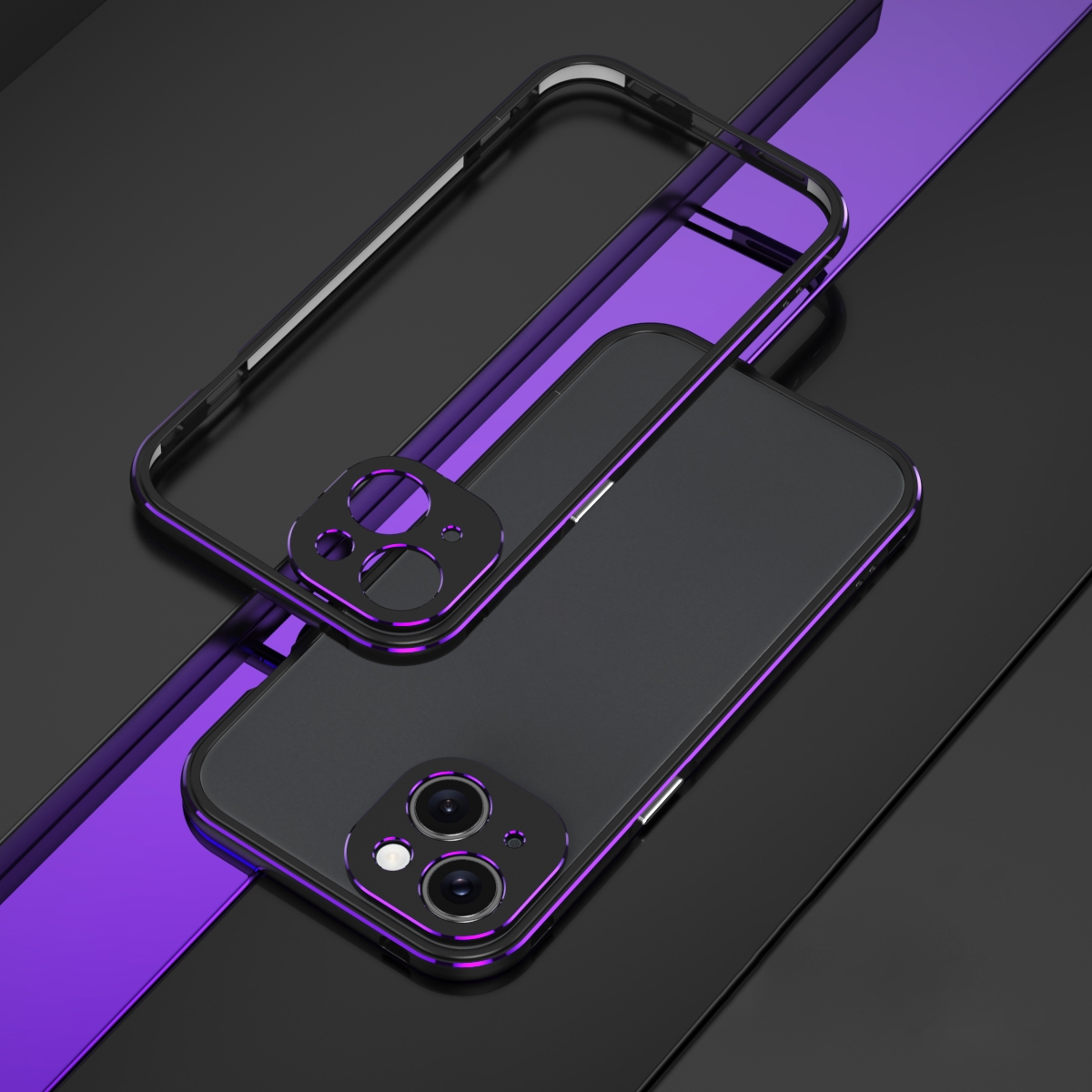 For iPhone 15 Aurora Series Lens Protector + Metal Frame Phone Case(Black Purple) - Shopkiz.com