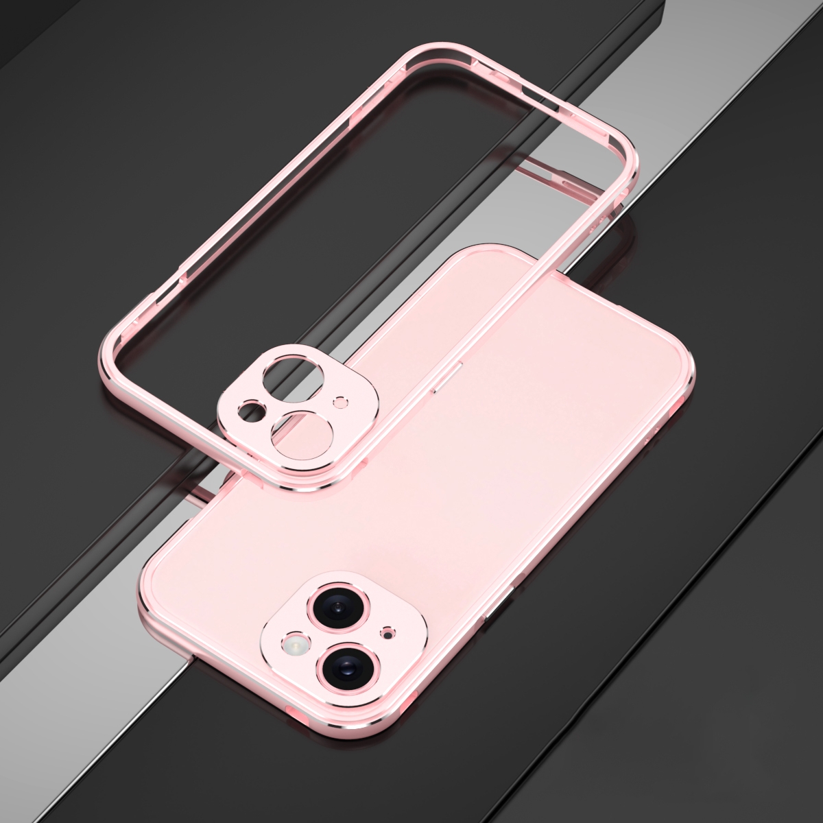 For iPhone 15 Aurora Series Lens Protector + Metal Frame Phone Case(Pink Silver) - Shopkiz.com