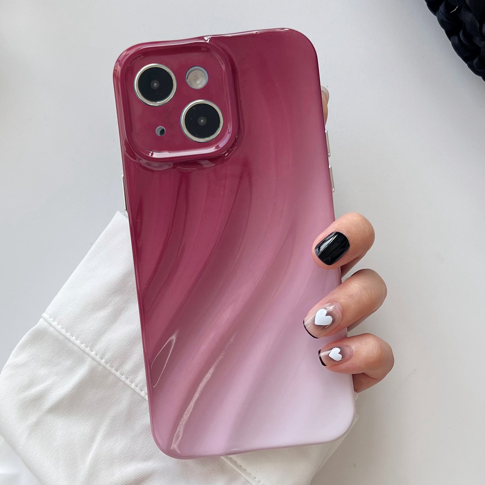 For iPhone 14 Plus Wave Texture Gradient Color TPU Phone Case(Wine Red-White) - Shopkiz.com