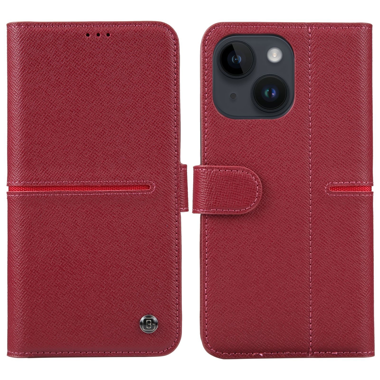 For iPhone 15 GEBEI Top-grain Horizontal Flip Leather Phone Case(Wine Red) - Shopkiz.com