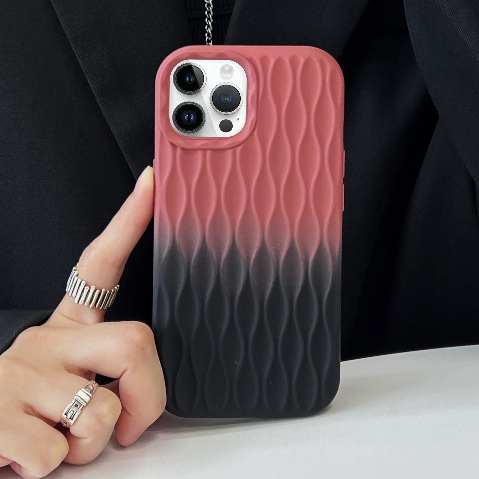 For iPhone 14 Pro Water Ripple Texture Gradient Color TPU Phone Case(Pink-Black) - Shopkiz.com