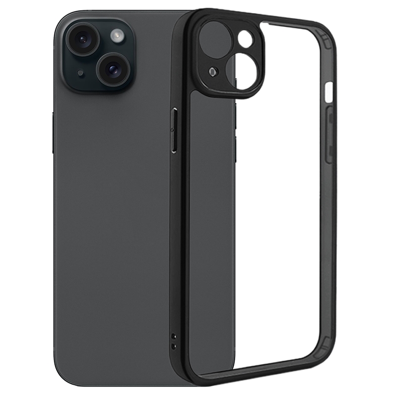 For iPhone 15 Fine Pore Frosted TPU + Transparent PC Phone Case(Black) - Shopkiz.com