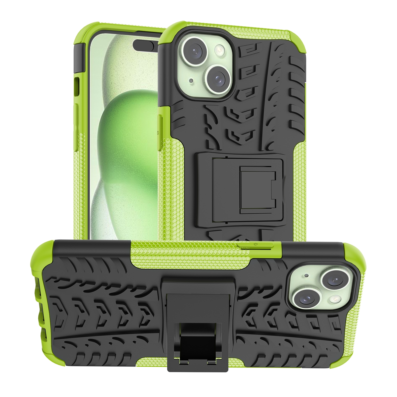 For iPhone 15 Plus Tire Texture TPU + PC Phone Case with Holder(Green) - Shopkiz.com