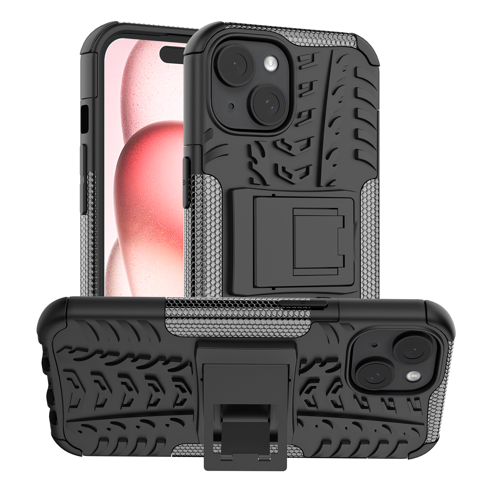 For iPhone 15 Tire Texture TPU + PC Phone Case with Holder(Black) - Shopkiz.com