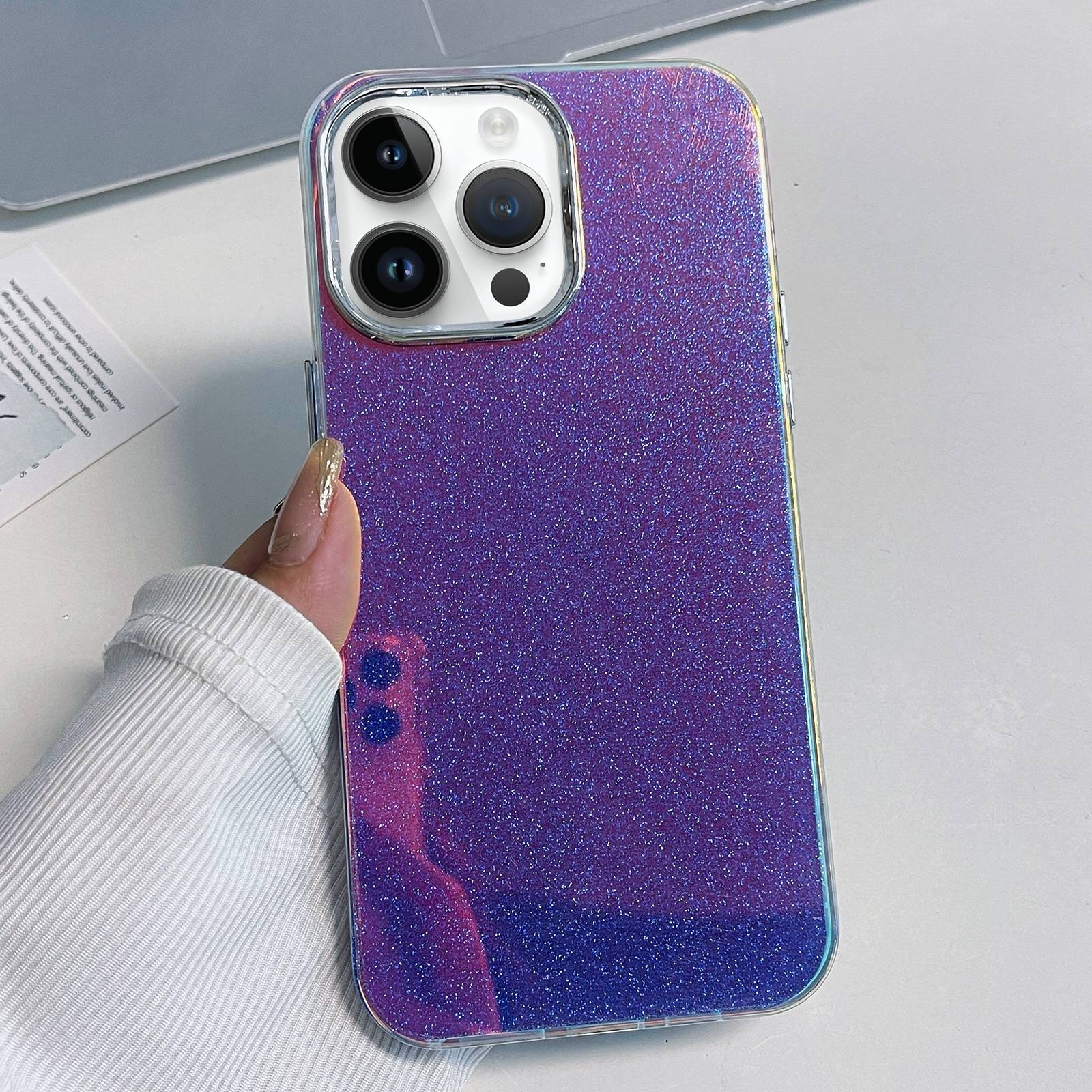 For iPhone 15 Pro Electroplated Frame IMD Glitter Powder Phone Case(Blue) - Shopkiz.com