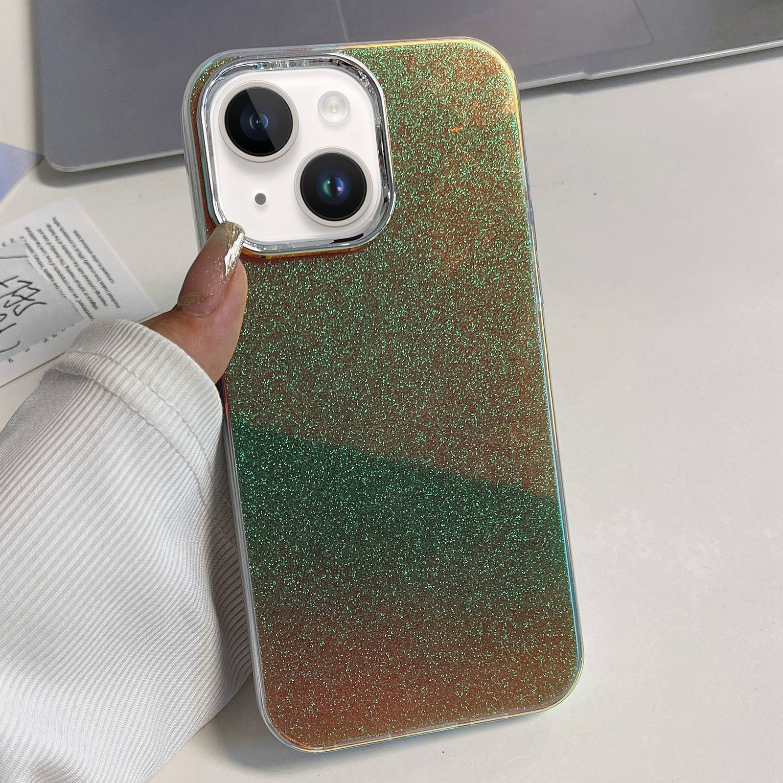 For iPhone 14 Plus Electroplated Frame IMD Glitter Powder Phone Case(Green) - Shopkiz.com