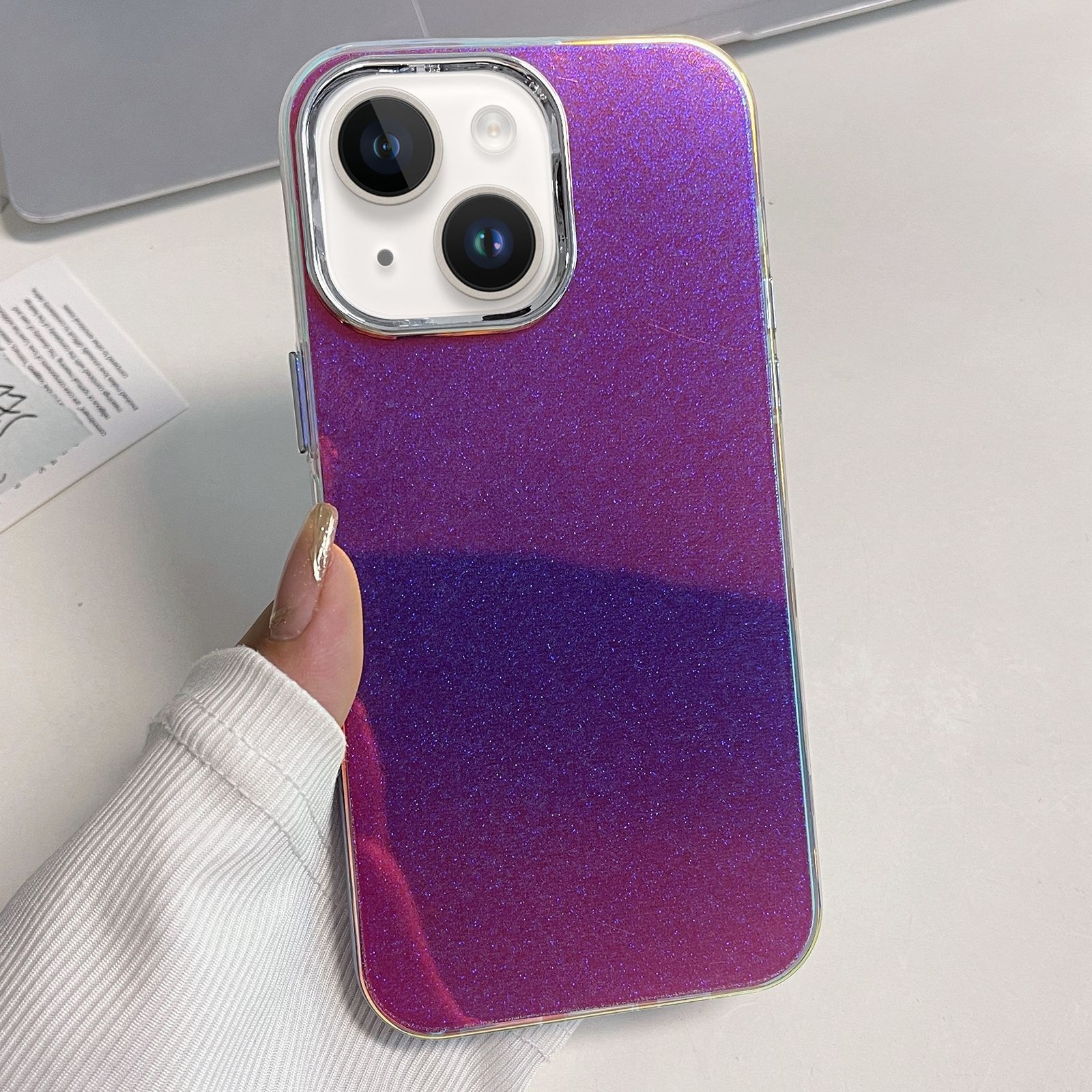 For iPhone 14 Plus Electroplated Frame IMD Glitter Powder Phone Case(Purple) - Shopkiz.com