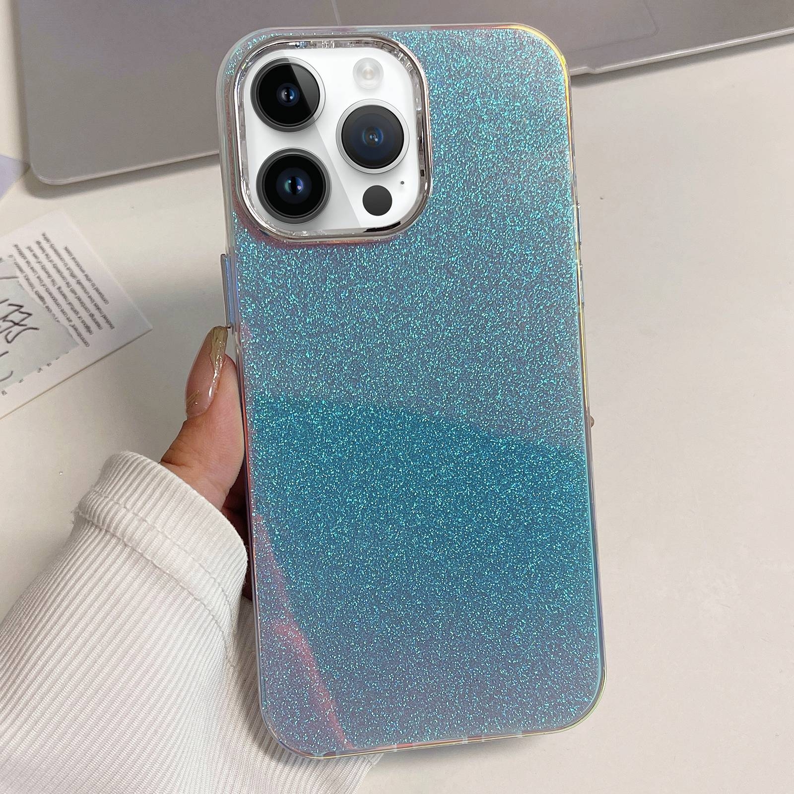 For iPhone 14 Pro Max Electroplated Frame IMD Glitter Powder Phone Case(Silver Blue) - Shopkiz.com
