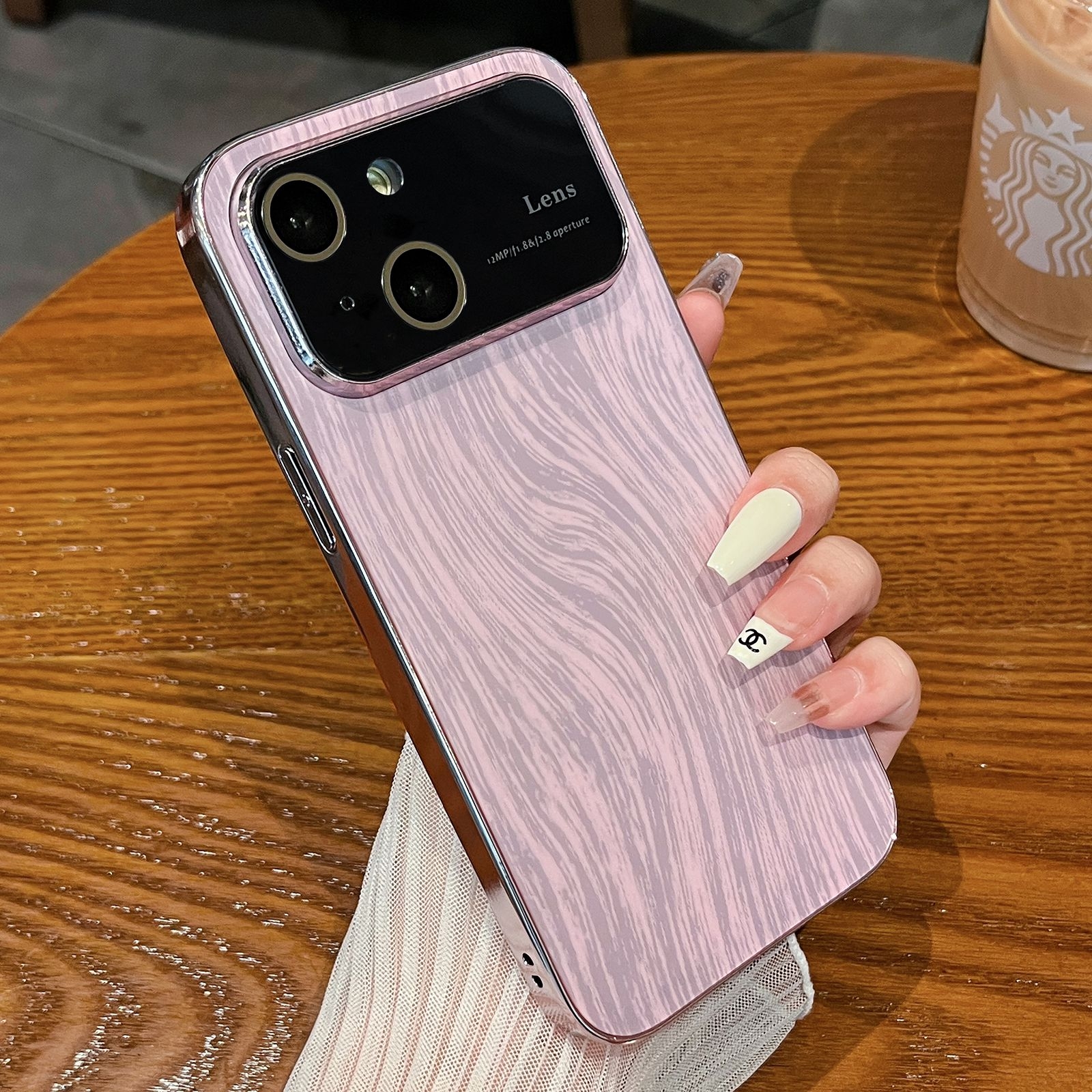 For iPhone 14 Plus Wood Grain Large Window Electroplated + Acrylic Phone Case(Pink) - Shopkiz.com