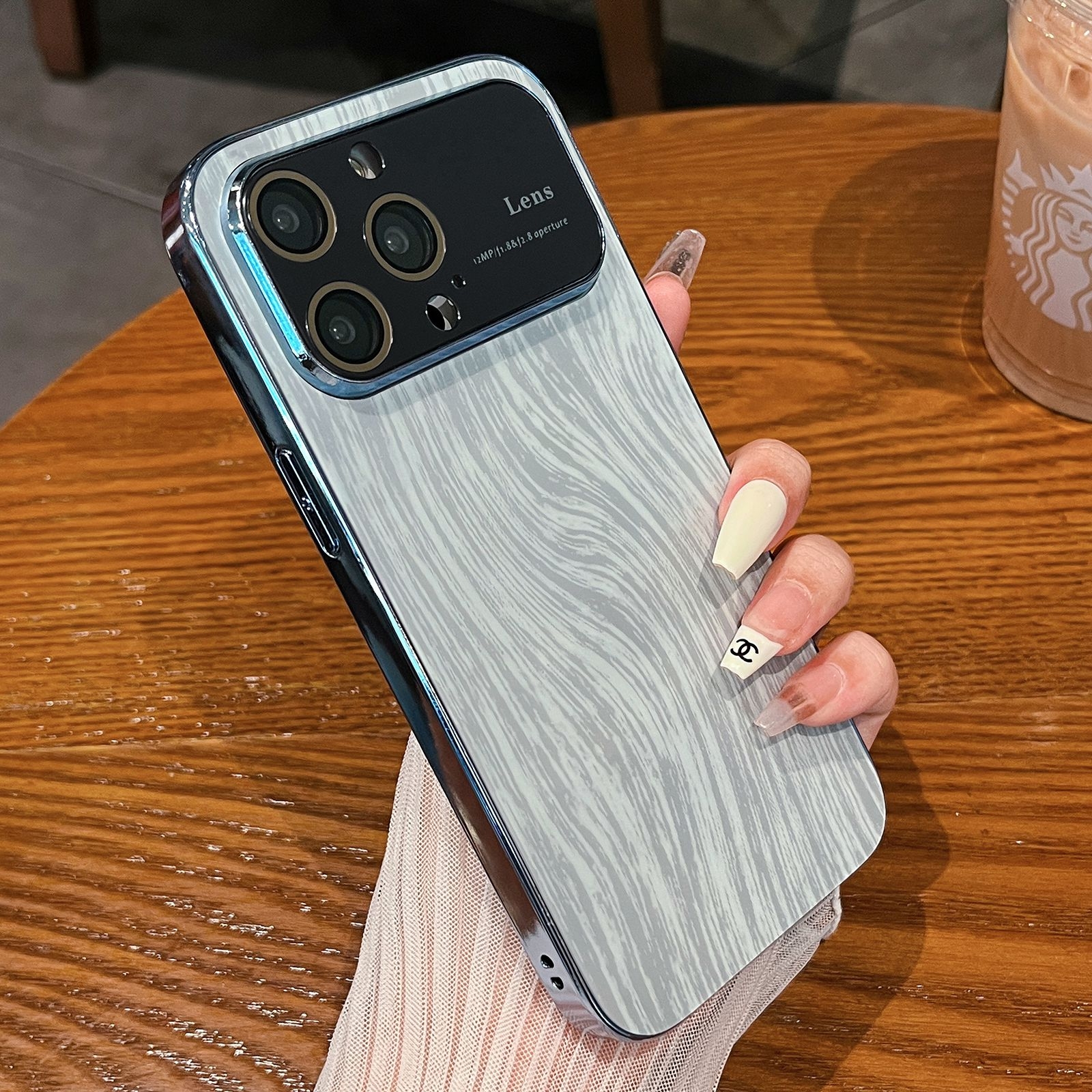 For iPhone 14 Pro Wood Grain Large Window Electroplated + Acrylic Phone Case(Blue) - Shopkiz.com