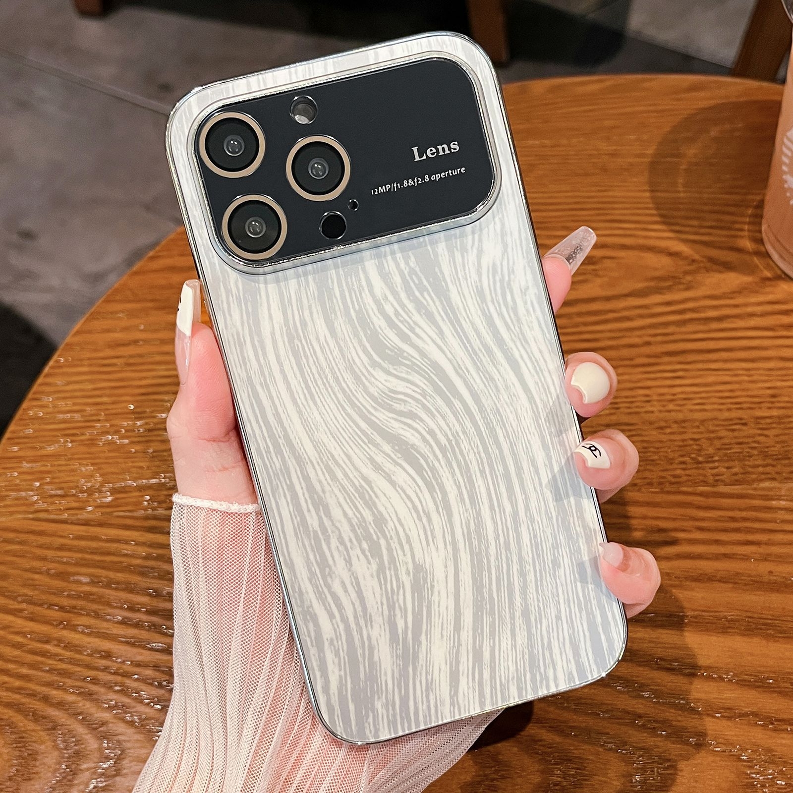 For iPhone 14 Pro Max Wood Grain Large Window Electroplated + Acrylic Phone Case(Silver) - Shopkiz.com