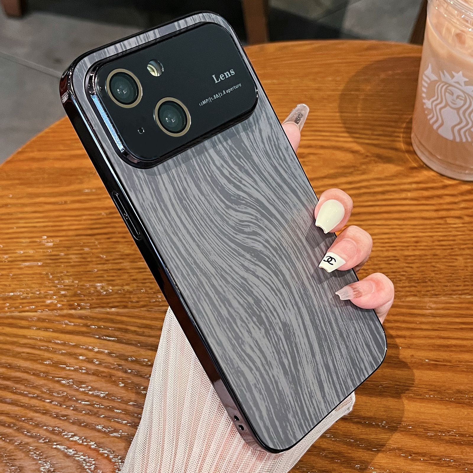 For iPhone 13 Wood Grain Large Window Electroplated + Acrylic Phone Case(Black) - Shopkiz.com