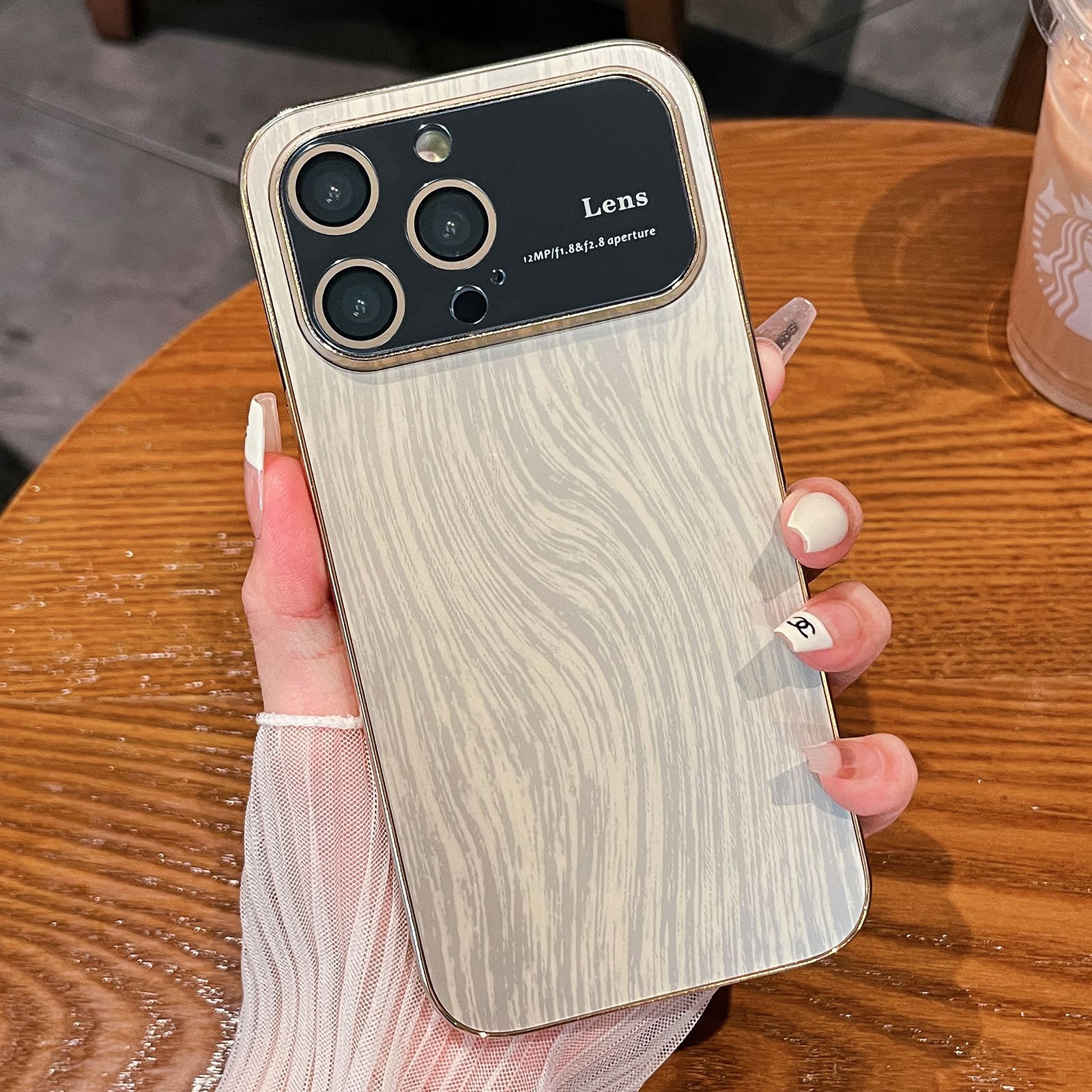 For iPhone 11 Pro Max Wood Grain Large Window Electroplated + Acrylic Phone Case(Gold) - Shopkiz.com