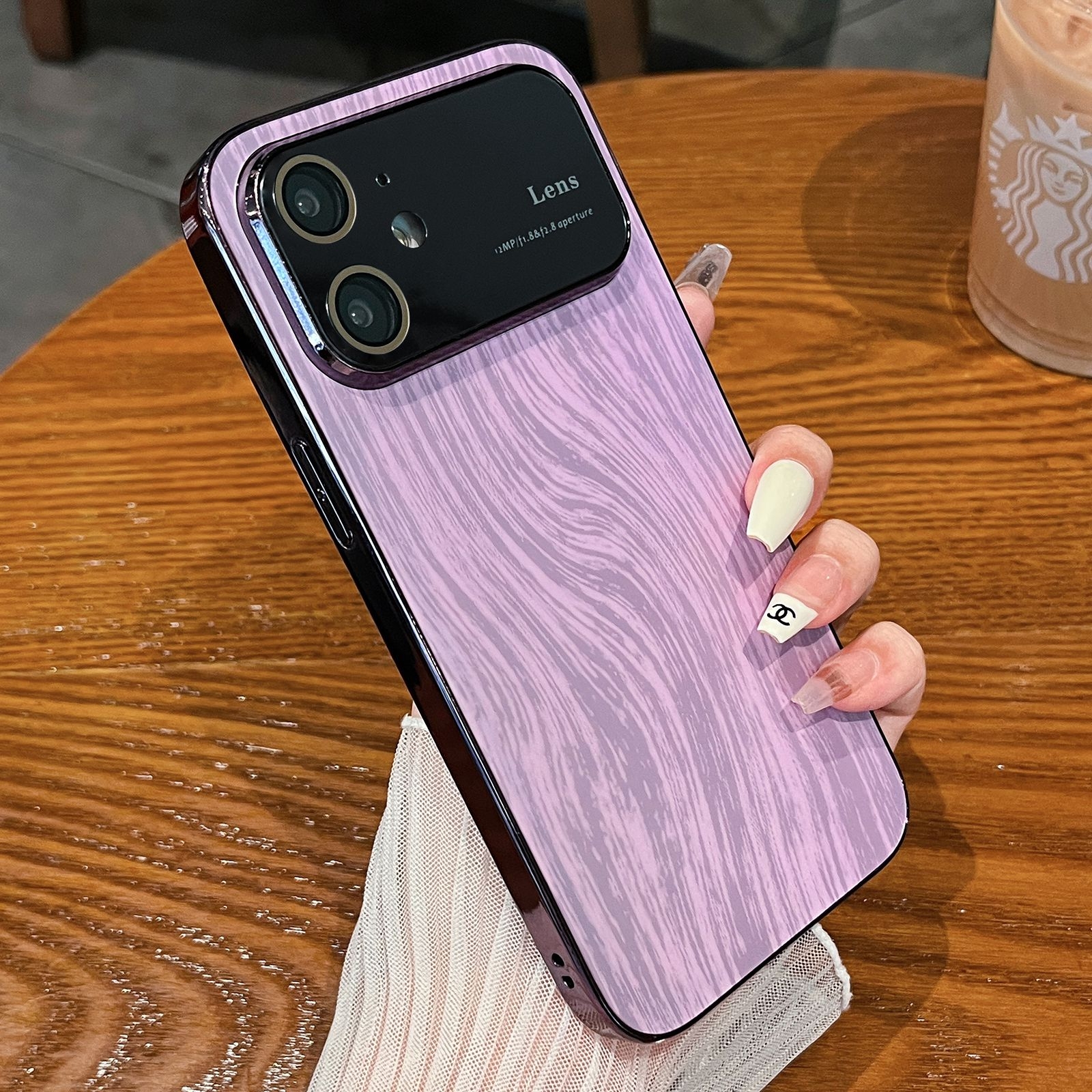 For iPhone 11 Wood Grain Large Window Electroplated + Acrylic Phone Case(Purple) - Shopkiz.com