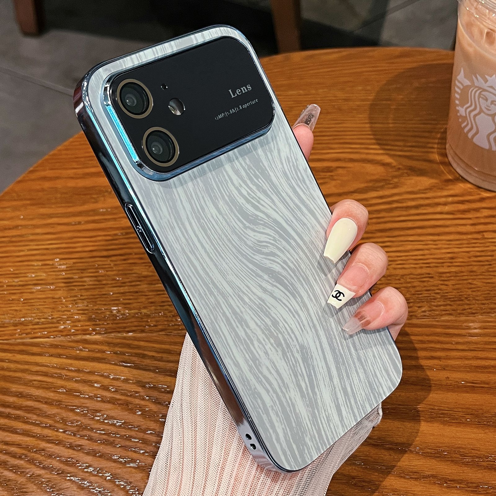For iPhone 11 Wood Grain Large Window Electroplated + Acrylic Phone Case(Blue) - Shopkiz.com