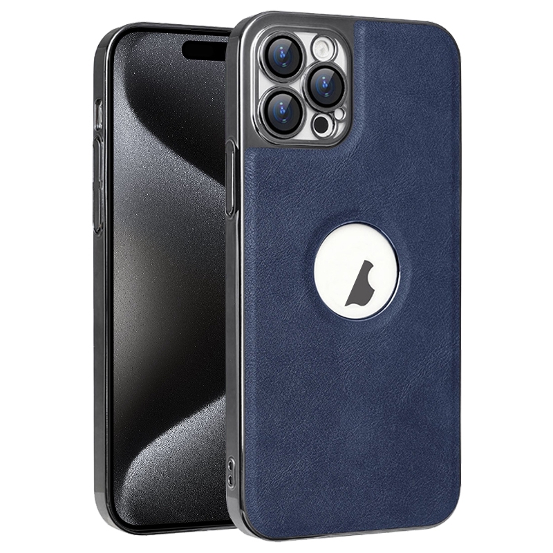 For iPhone 15 Pro Electroplated Leather Texture PU + PC Phone Case(Blue) - Shopkiz.com