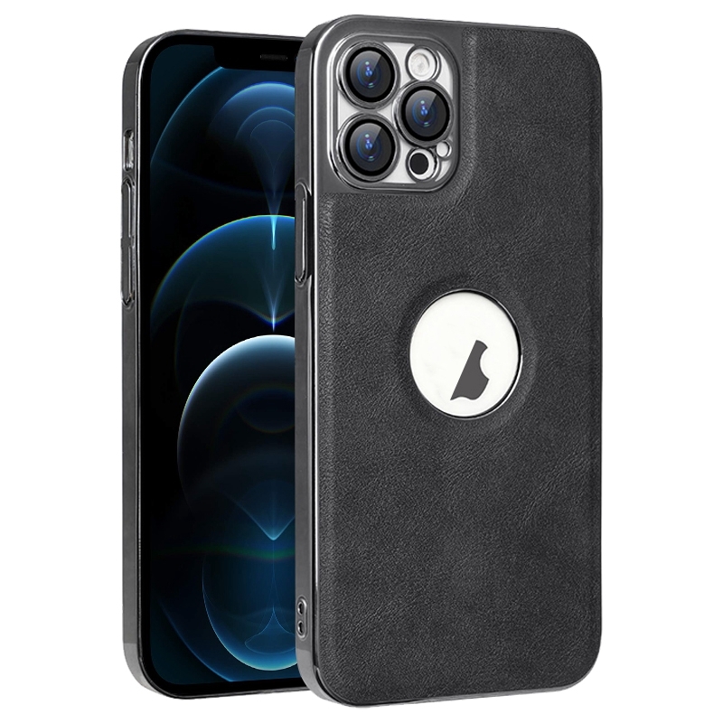 For iPhone 12 Pro Max Electroplated Leather Texture PU + PC Phone Case(Black) - Shopkiz.com