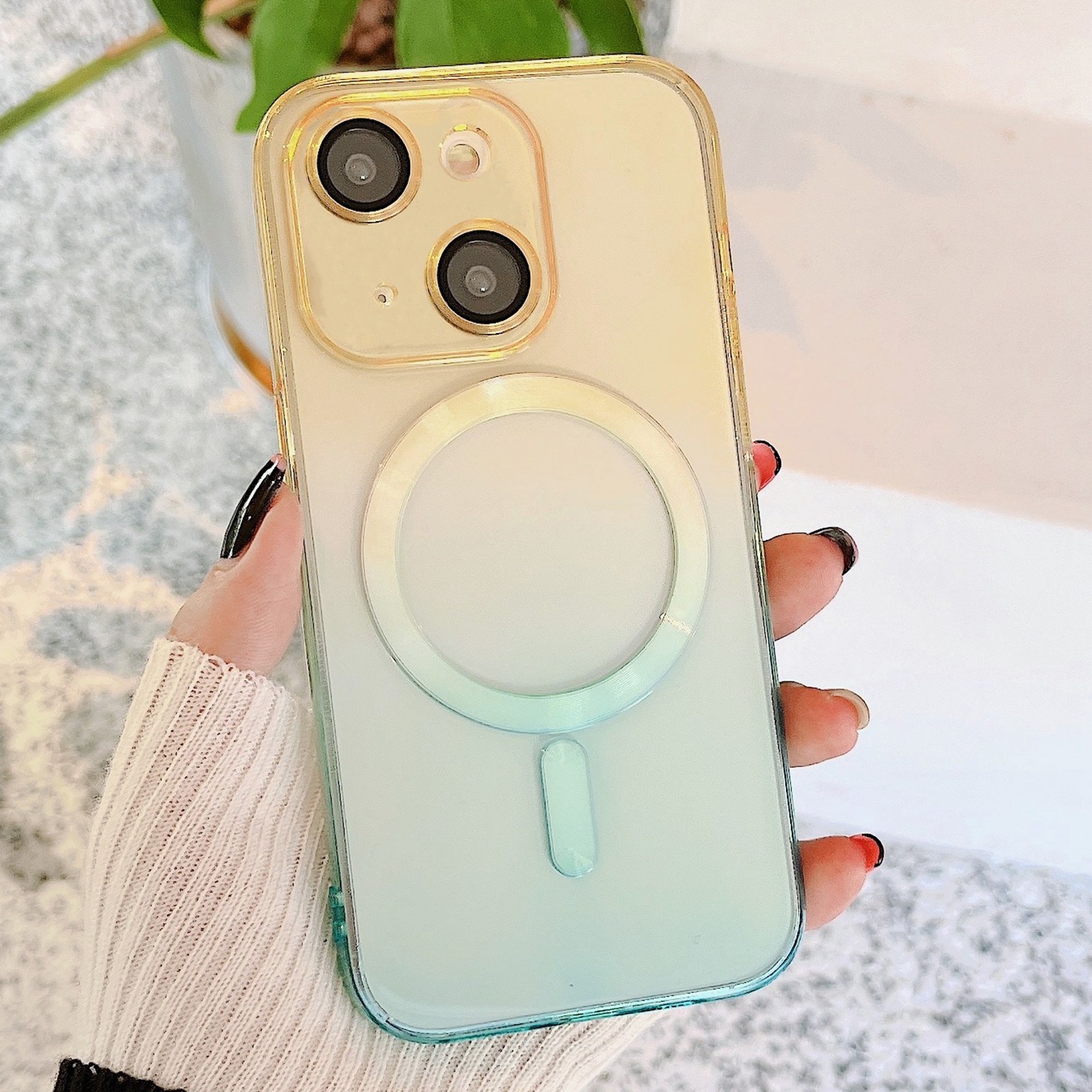 For iPhone 14 Plus MagSafe Magnetic TPU + Acrylic Gradient Color Phone Case(Yellow Green) - Shopkiz.com
