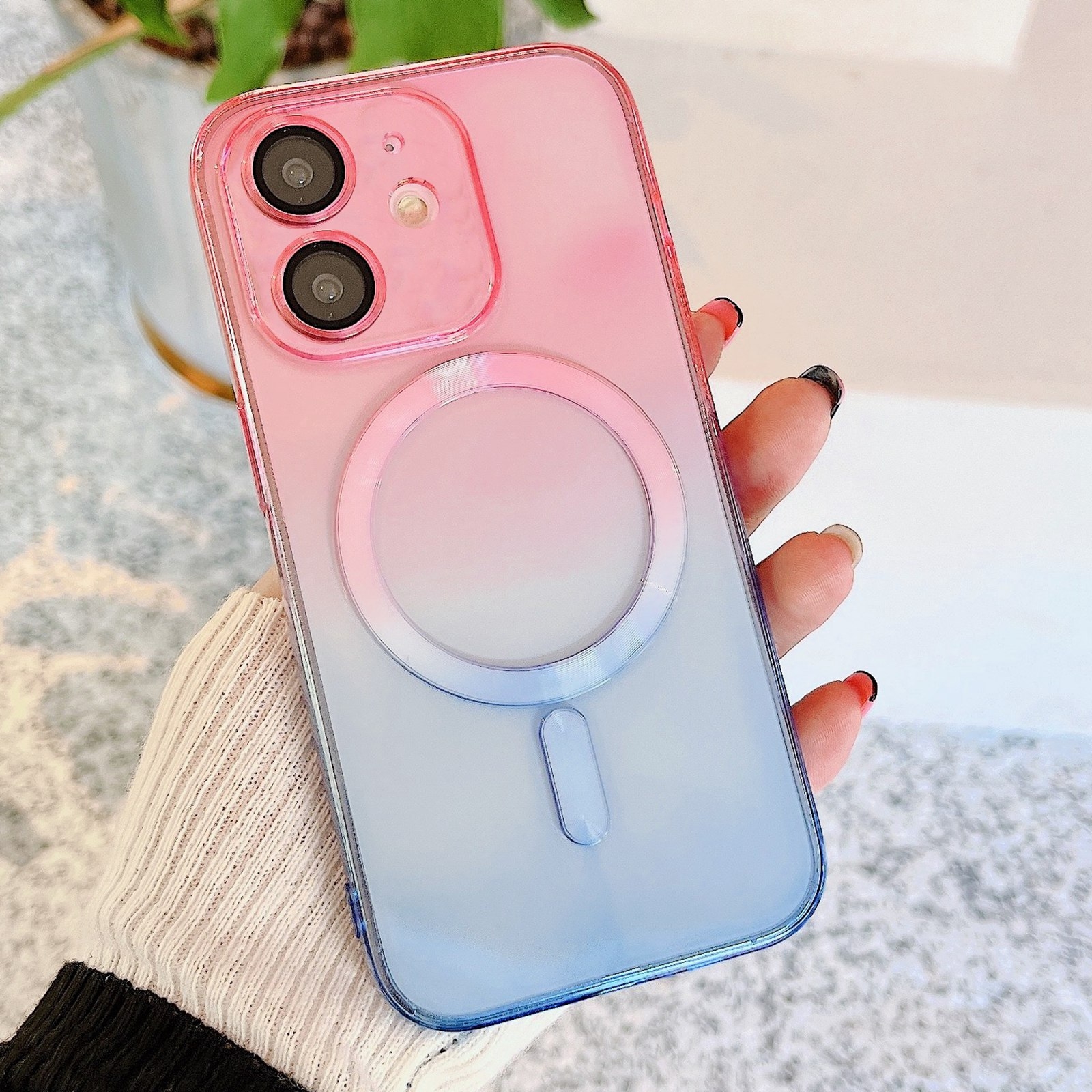 For iPhone 12 MagSafe Magnetic TPU + Acrylic Gradient Color Phone Case(Pink Blue) - Shopkiz.com