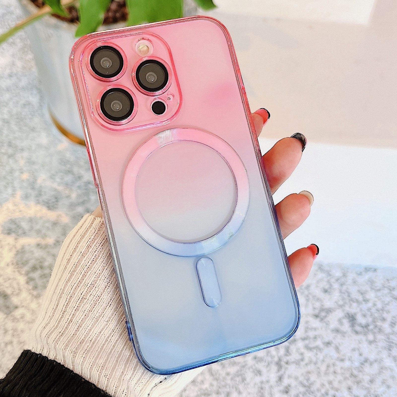 For iPhone 12 Pro Max MagSafe Magnetic TPU + Acrylic Gradient Color Phone Case(Pink Blue) - Shopkiz.com