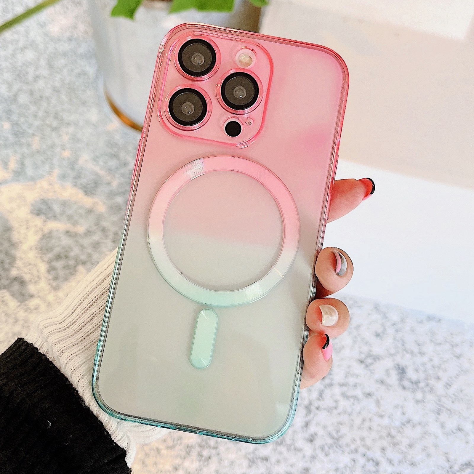 For iPhone 12 Pro Max MagSafe Magnetic TPU + Acrylic Gradient Color Phone Case(Pink Green) - Shopkiz.com