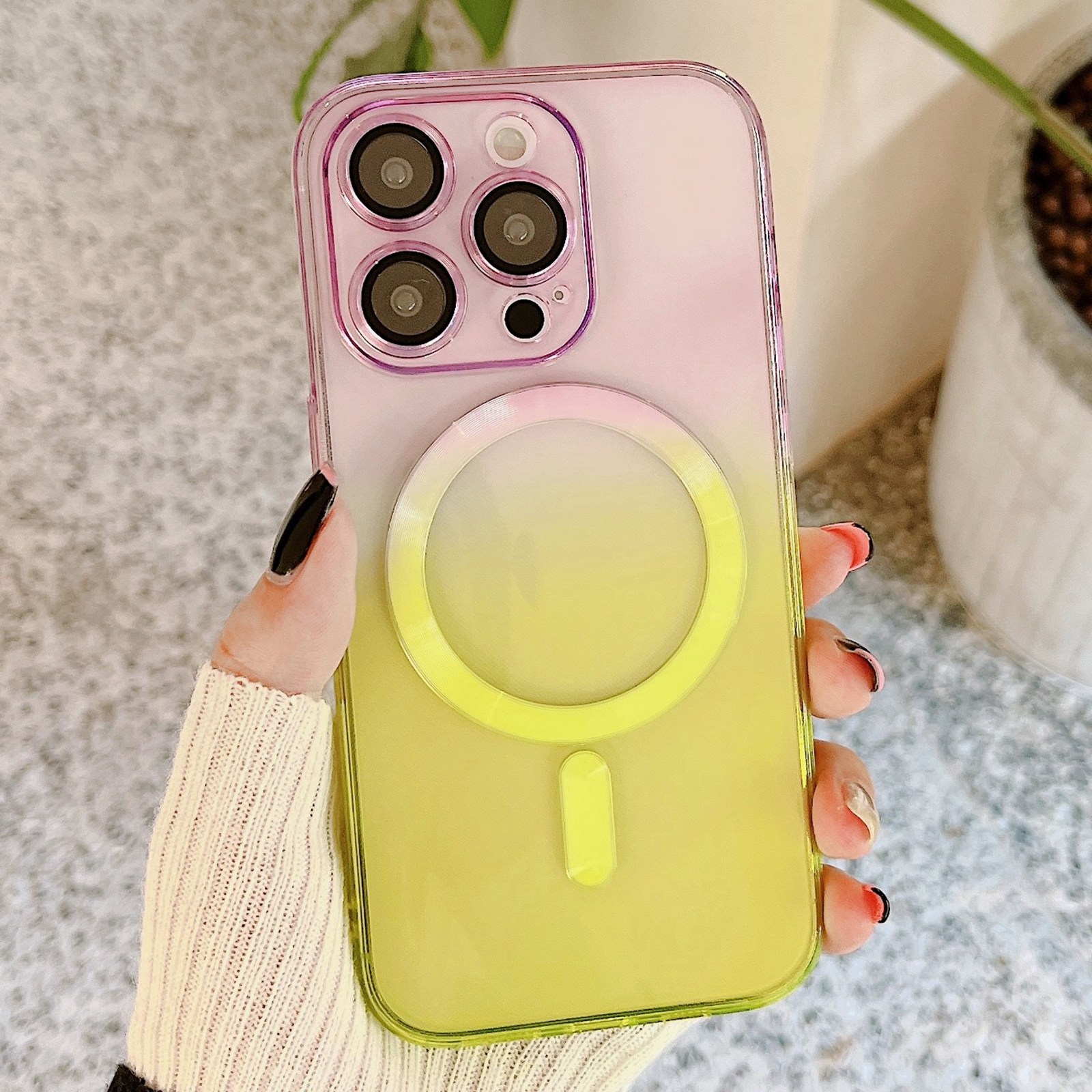 For iPhone 12 Pro Max MagSafe Magnetic TPU + Acrylic Gradient Color Phone Case(Purple Yellow) - Shopkiz.com