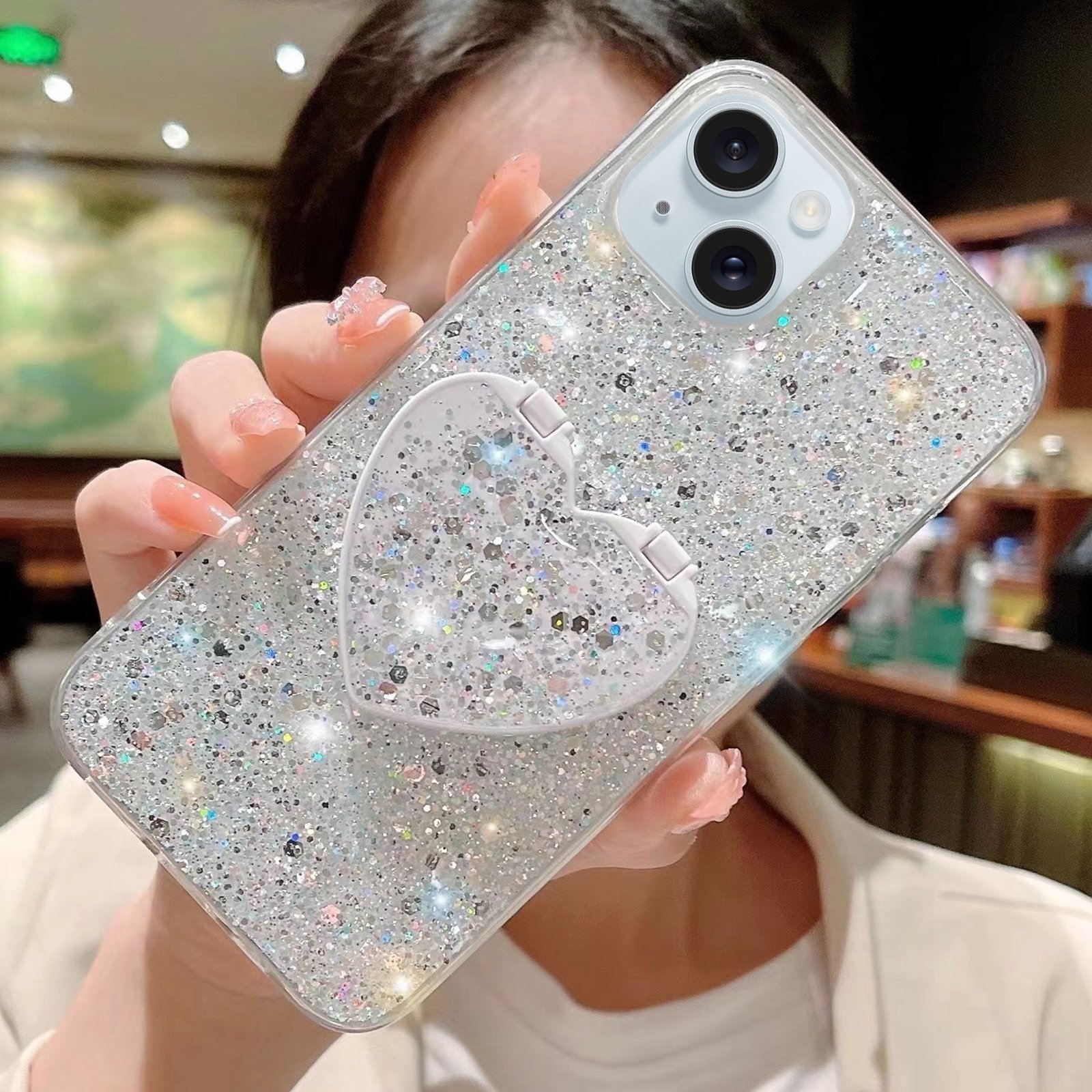 For iPhone 14 Plus Starry Sequin Mirror Stand Epoxy TPU Phone Case(Silver) - Shopkiz.com