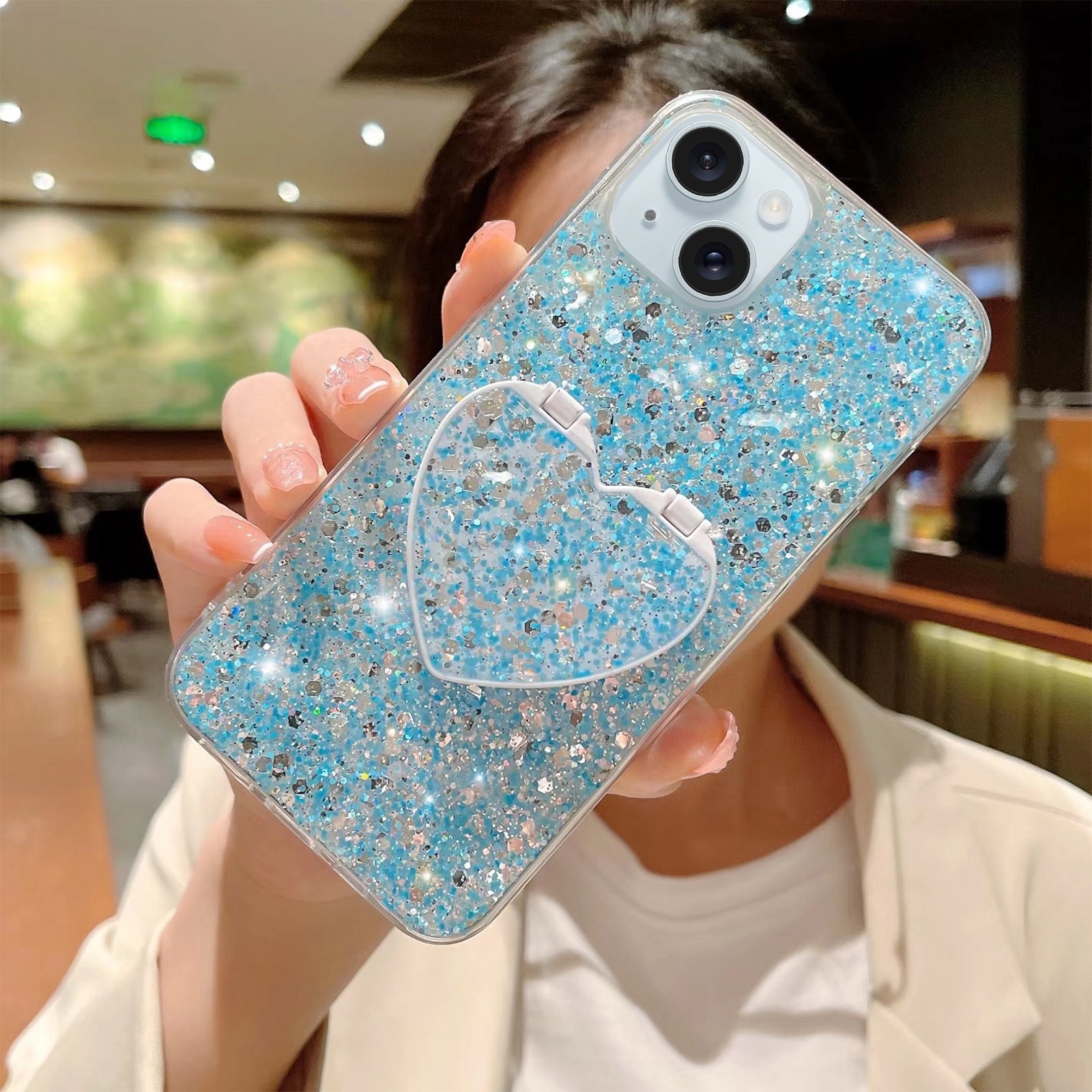 For iPhone 14 Starry Sequin Mirror Stand Epoxy TPU Phone Case(Blue) - Shopkiz.com