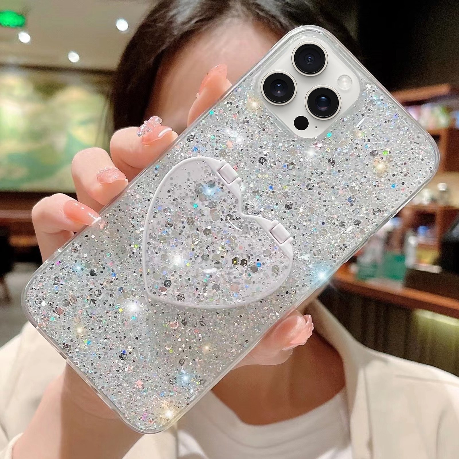 For iPhone 14 Pro Starry Sequin Mirror Stand Epoxy TPU Phone Case(Silver) - Shopkiz.com