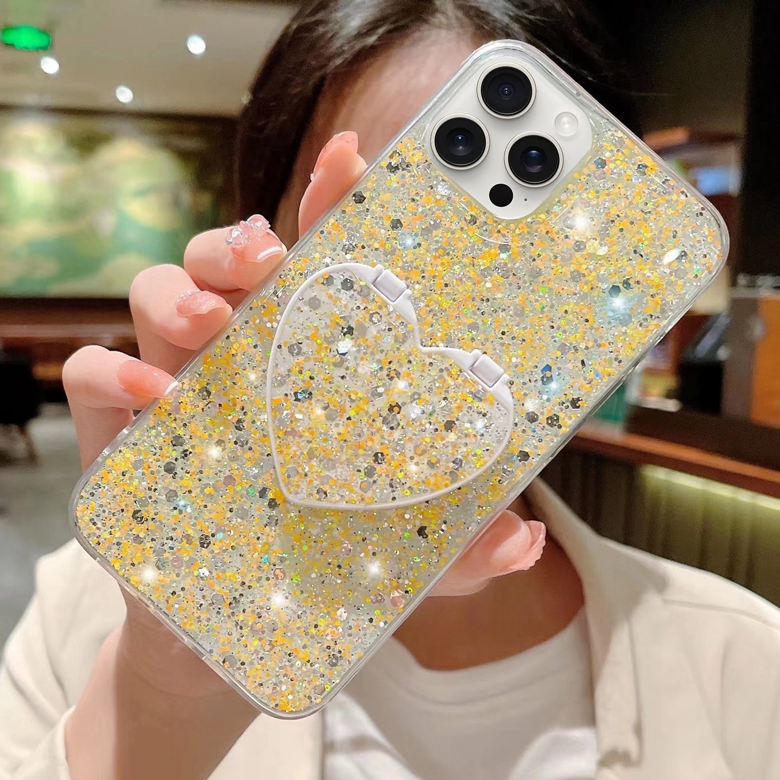 For iPhone 12 Pro Max Starry Sequin Mirror Stand Epoxy TPU Phone Case(Yellow) - Shopkiz.com