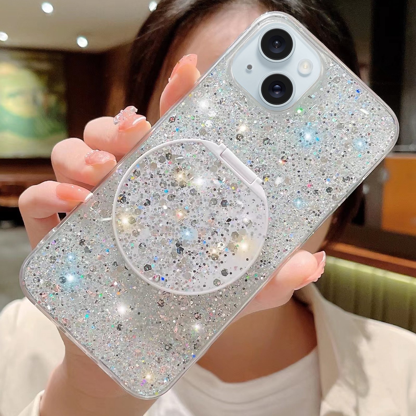For iPhone 14 Plus Starry Sequin Round Mirror Stand Epoxy TPU Phone Case(Silver) - Shopkiz.com