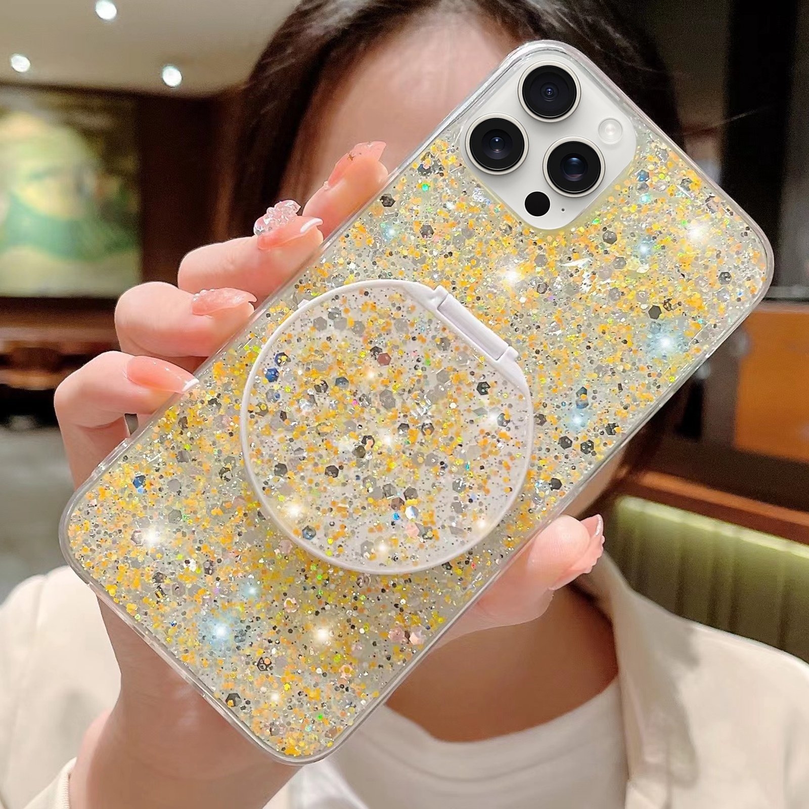 For iPhone 14 Pro Starry Sequin Round Mirror Stand Epoxy TPU Phone Case(Yellow) - Shopkiz.com