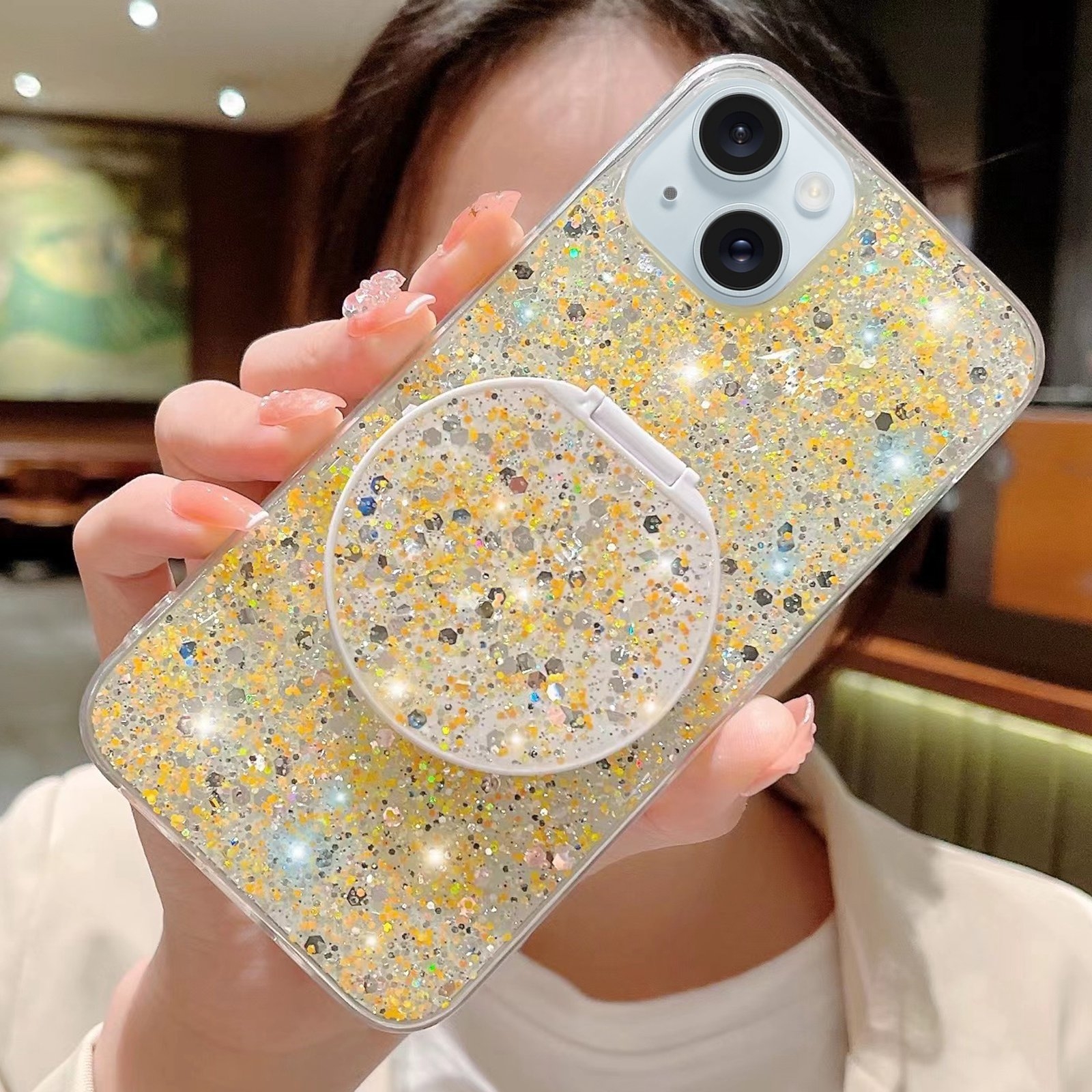 For iPhone 13 mini Starry Sequin Round Mirror Stand Epoxy TPU Phone Case(Yellow) - Shopkiz.com