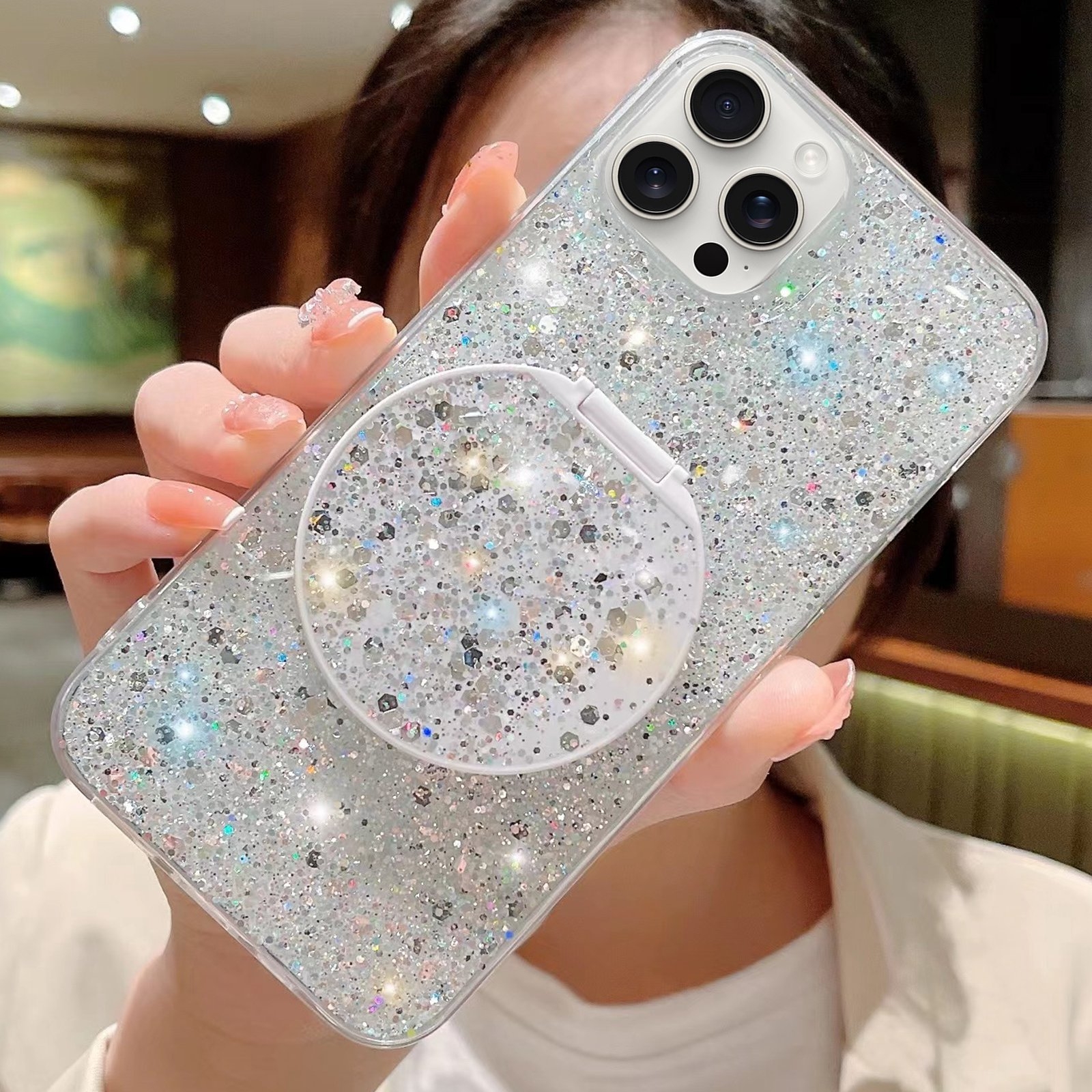 For iPhone 12 Pro Starry Sequin Round Mirror Stand Epoxy TPU Phone Case(Silver) - Shopkiz.com