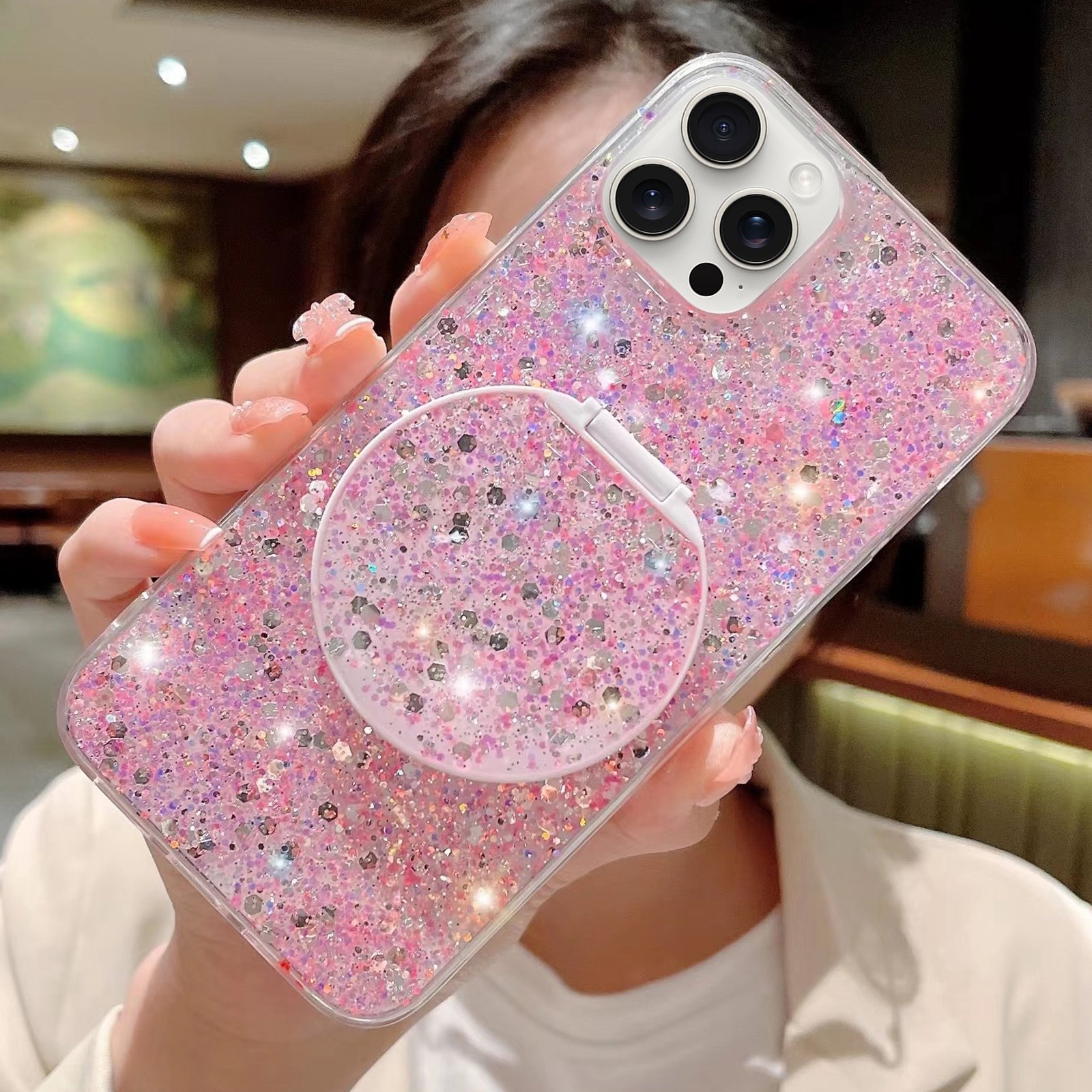 For iPhone 11 Pro Starry Sequin Round Mirror Stand Epoxy TPU Phone Case(Pink) - Shopkiz.com