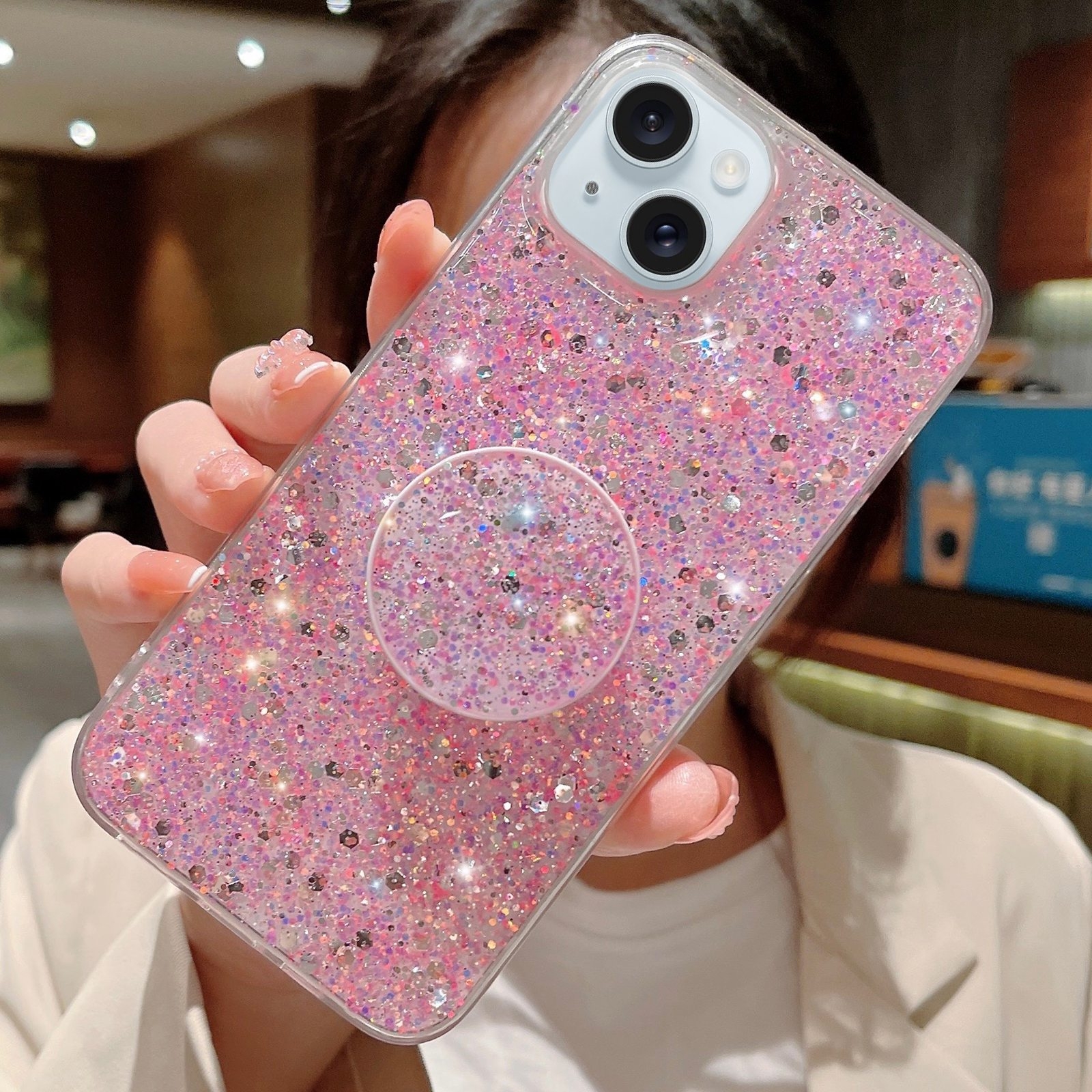 For iPhone 15 Plus Starry Sequin Round Stand Epoxy TPU Phone Case(Pink) - Shopkiz.com