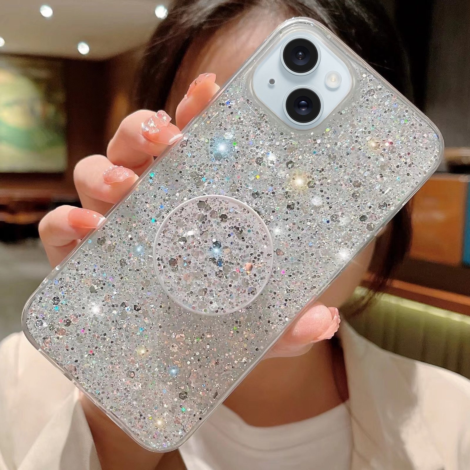 For iPhone 14 Plus Starry Sequin Round Stand Epoxy TPU Phone Case(Silver) - Shopkiz.com