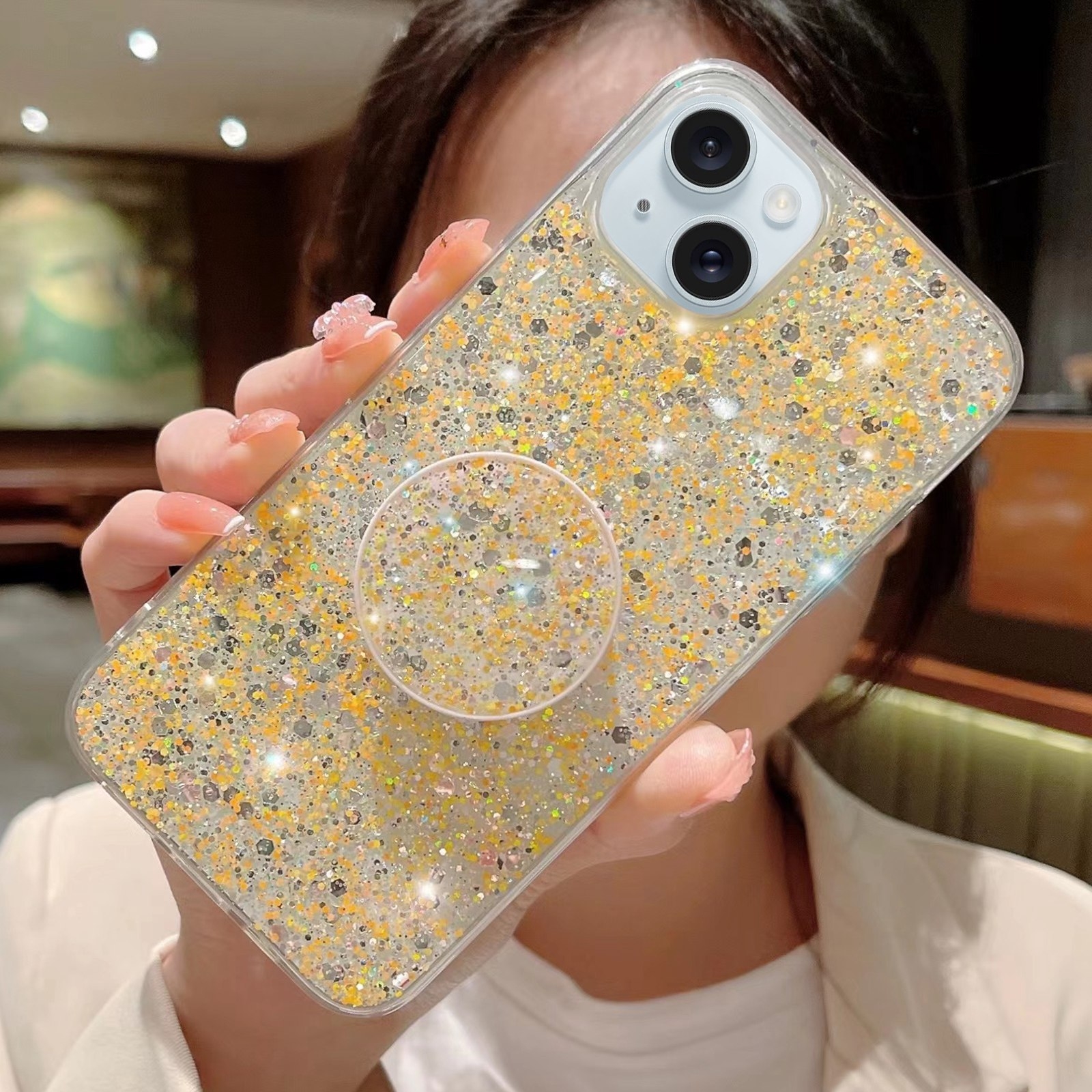 For iPhone 14 Starry Sequin Round Stand Epoxy TPU Phone Case(Yellow) - Shopkiz.com