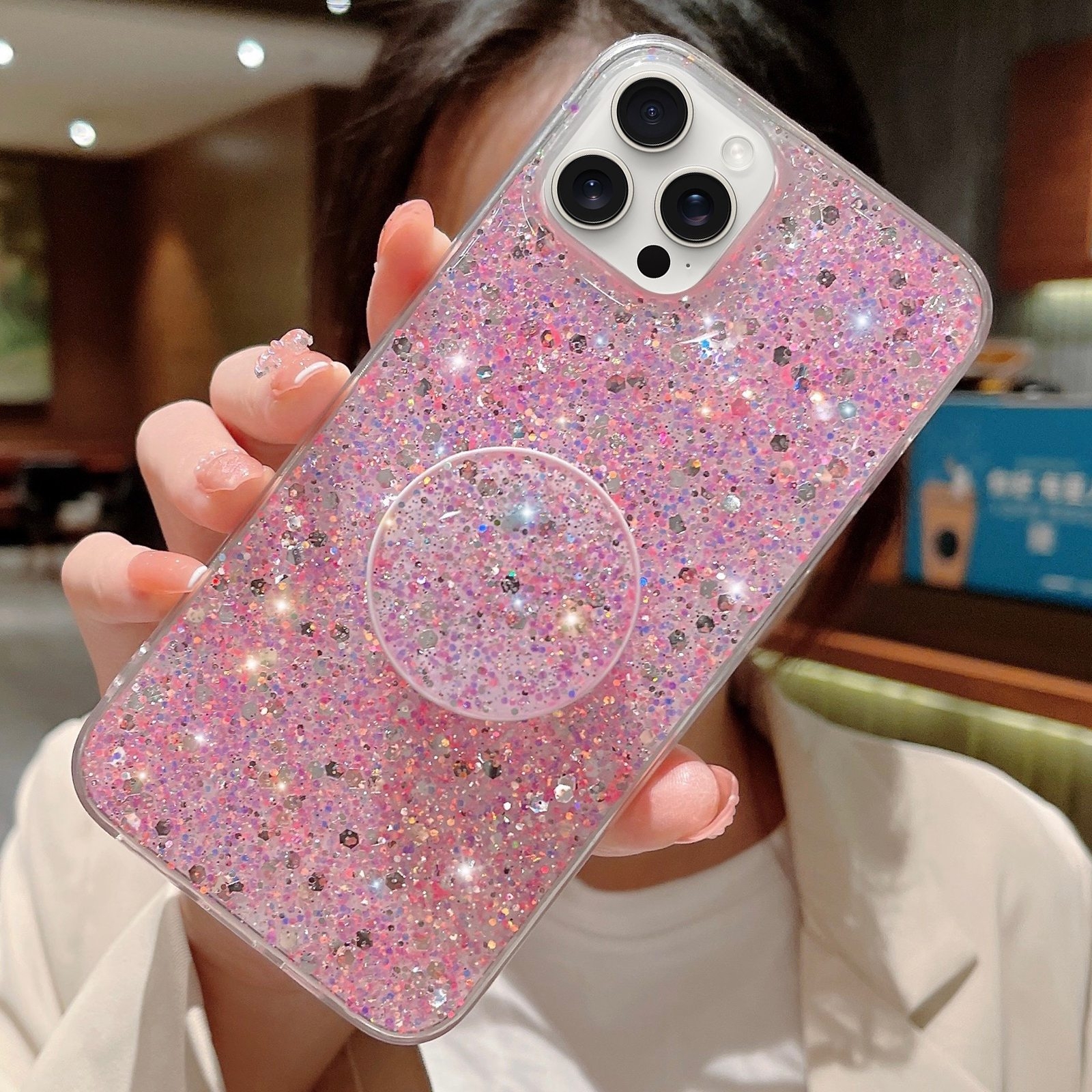 For iPhone 13 Pro Max Starry Sequin Round Stand Epoxy TPU Phone Case(Pink) - Shopkiz.com