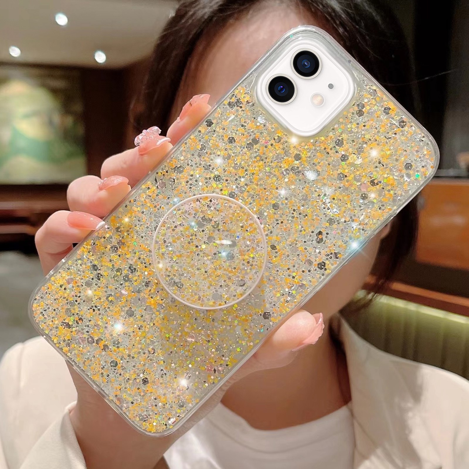 For iPhone 12 mini Starry Sequin Round Stand Epoxy TPU Phone Case(Yellow) - Shopkiz.com