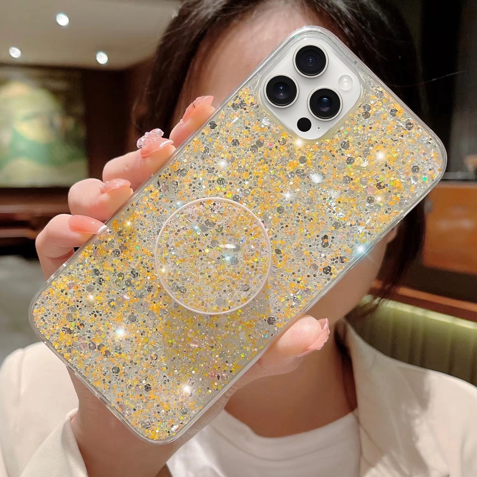 For iPhone 11 Pro Max Starry Sequin Round Stand Epoxy TPU Phone Case(Yellow) - Shopkiz.com