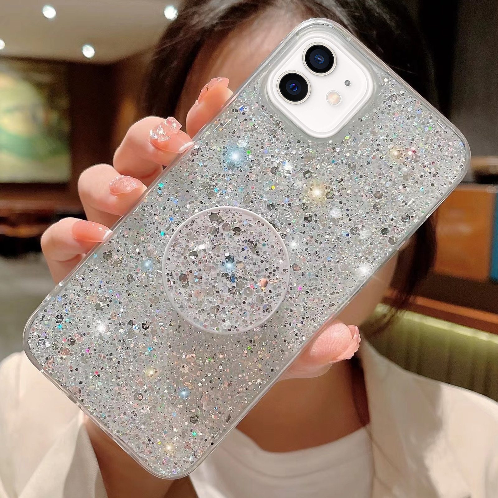 For iPhone 11 Starry Sequin Round Stand Epoxy TPU Phone Case(Silver) - Shopkiz.com