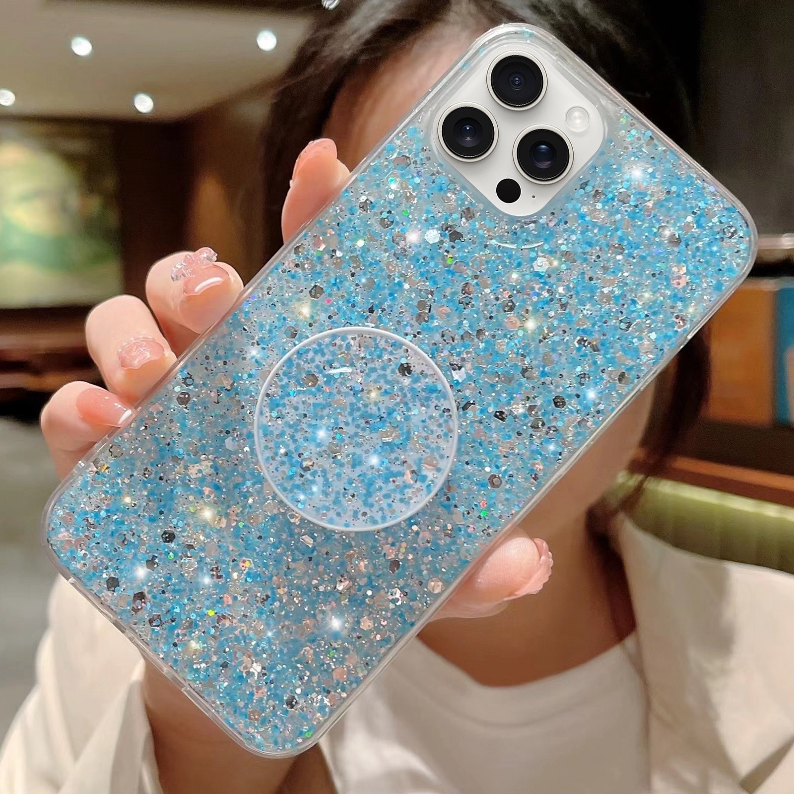 For iPhone 11 Pro Starry Sequin Round Stand Epoxy TPU Phone Case(Blue) - Shopkiz.com