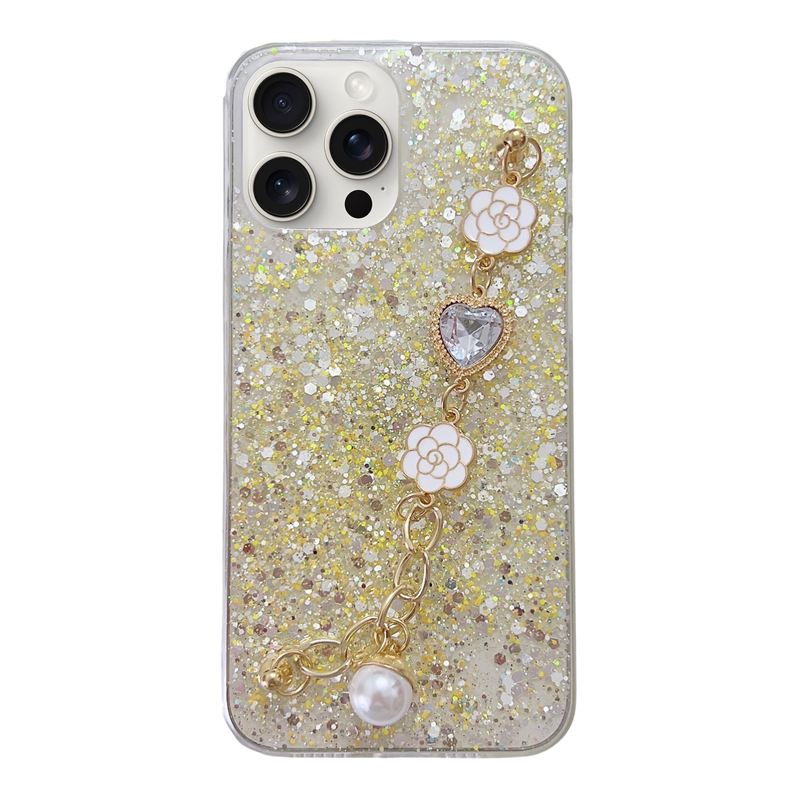 For iPhone 15 Pro Starry Sequin Love Gem Chain Epoxy TPU Phone Case(Yellow) - Shopkiz.com