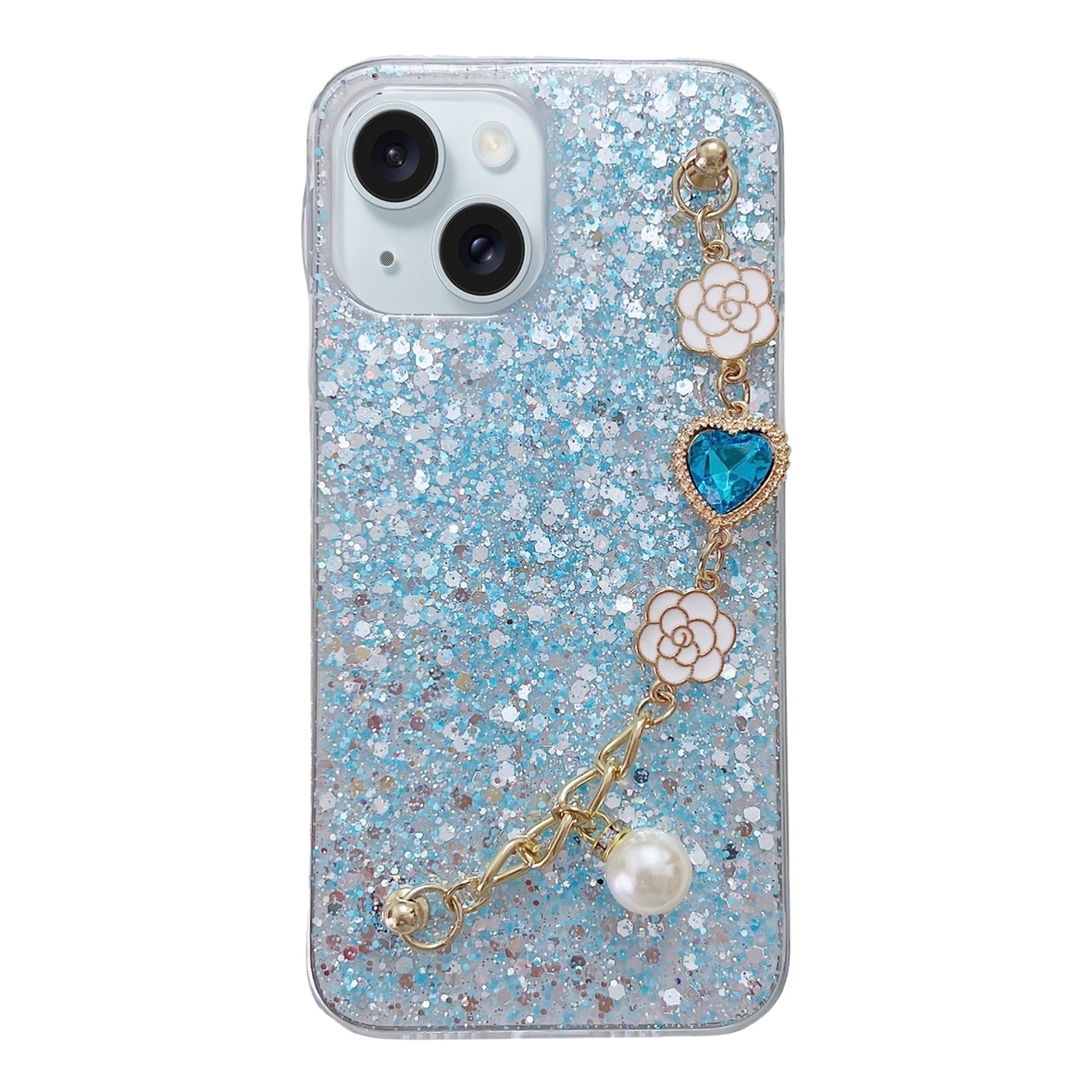 For iPhone 14 Starry Sequin Love Gem Chain Epoxy TPU Phone Case(Blue) - Shopkiz.com