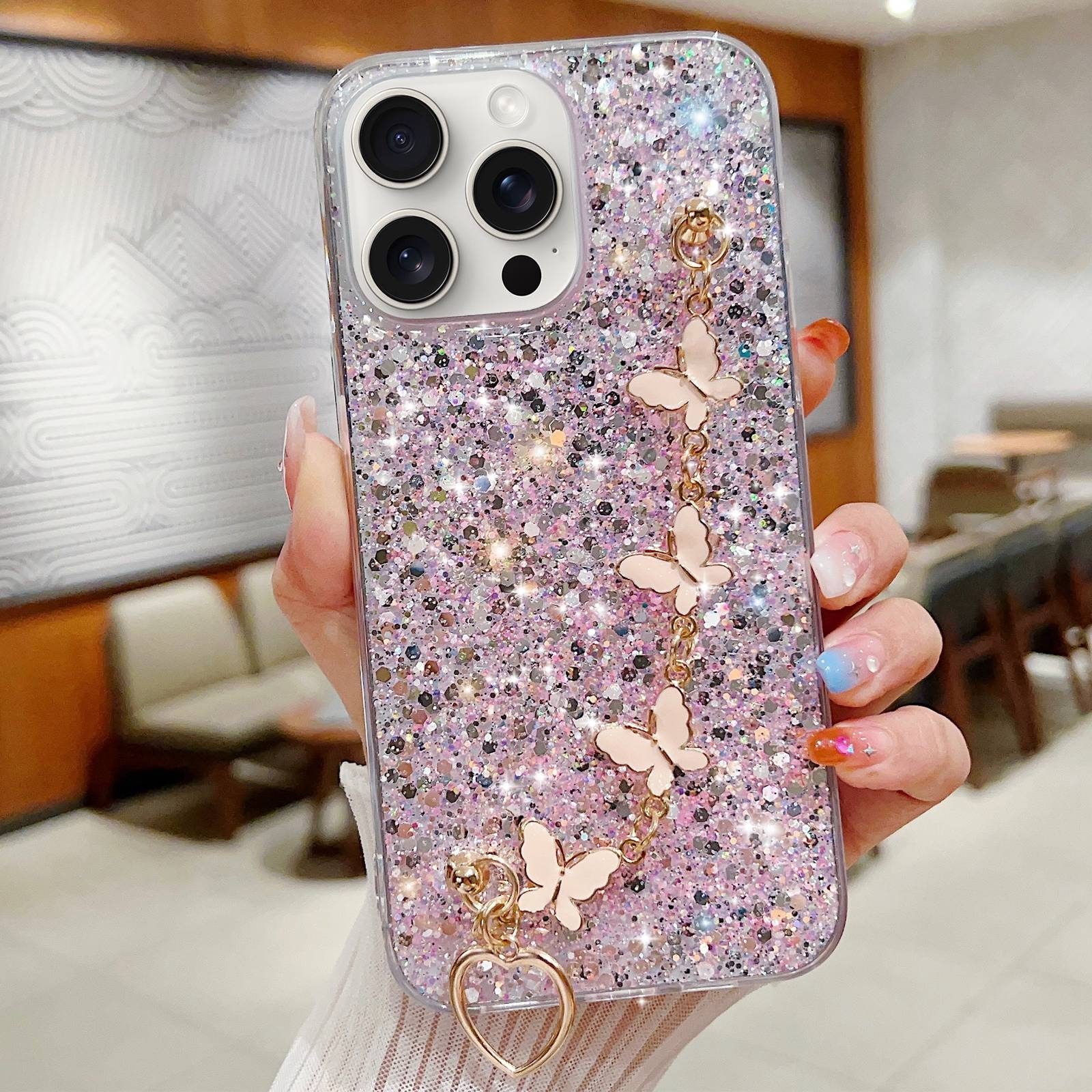 For iPhone 15 Pro Max Starry Sequin Butterfly Chain Epoxy TPU Phone Case(Pink) - Shopkiz.com