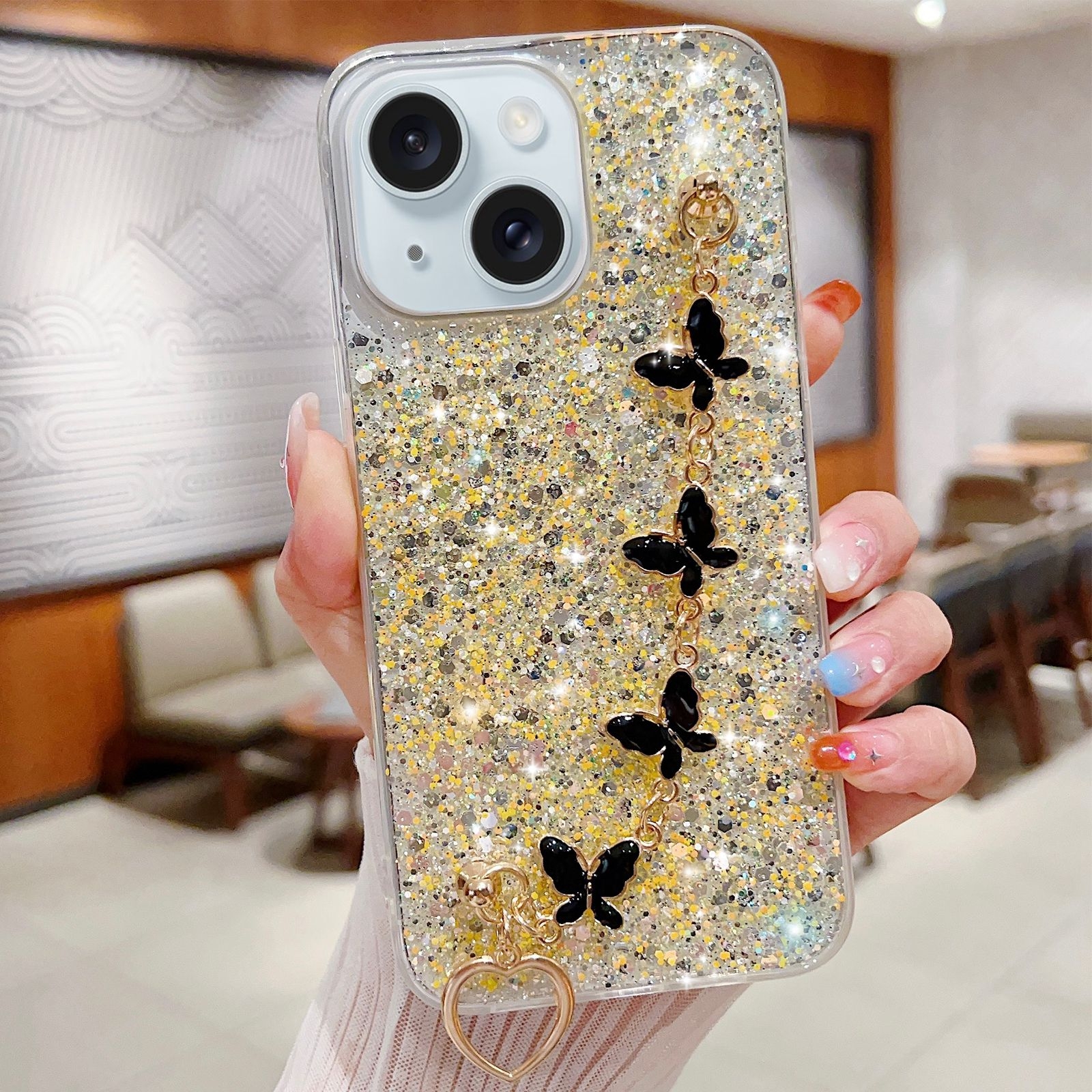 For iPhone 15 Starry Sequin Butterfly Chain Epoxy TPU Phone Case(Yellow) - Shopkiz.com